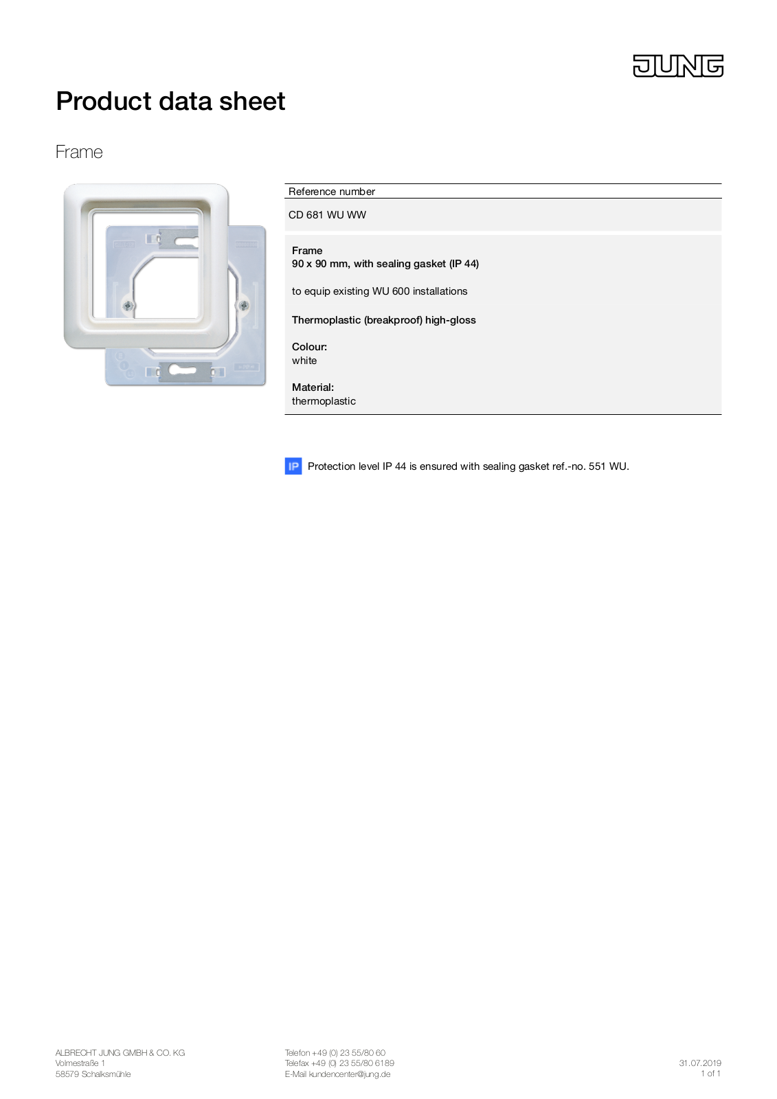 Jung CD 681 WU WW Technical data