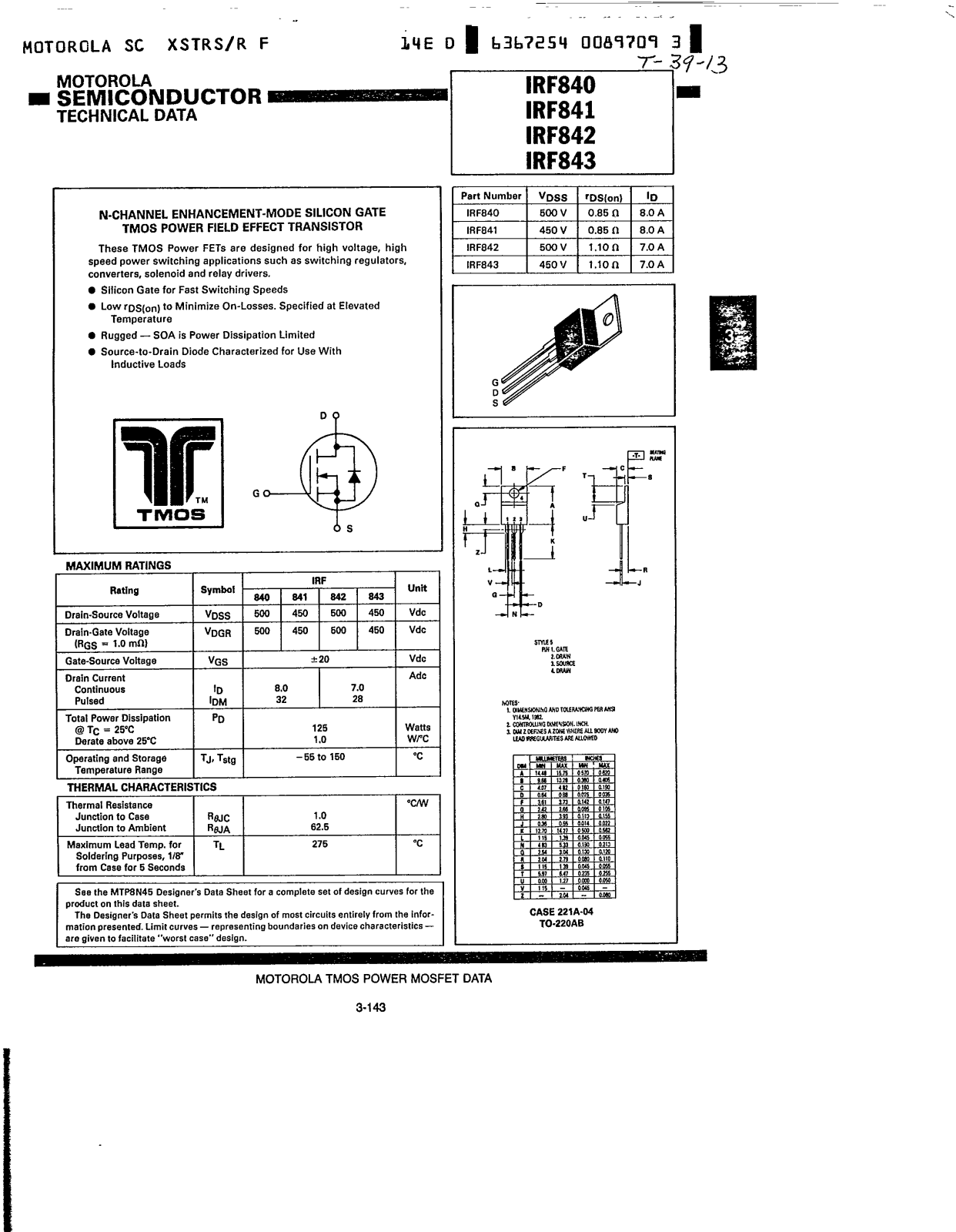 Motorola IRF840, IRF841, IRF843, IRF842 Datasheet