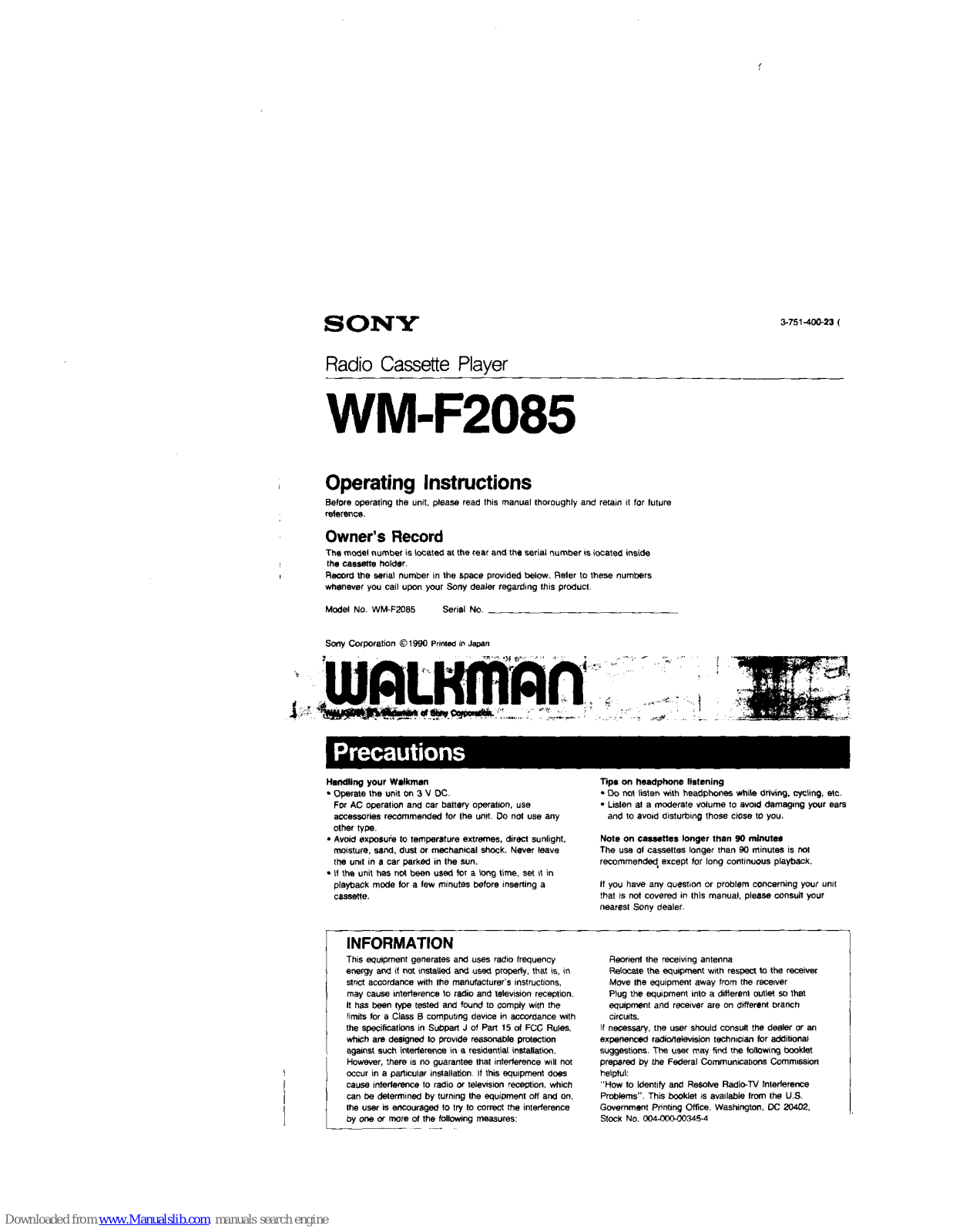 Sony Walkman WM-F2085 Operating Instructions Manual