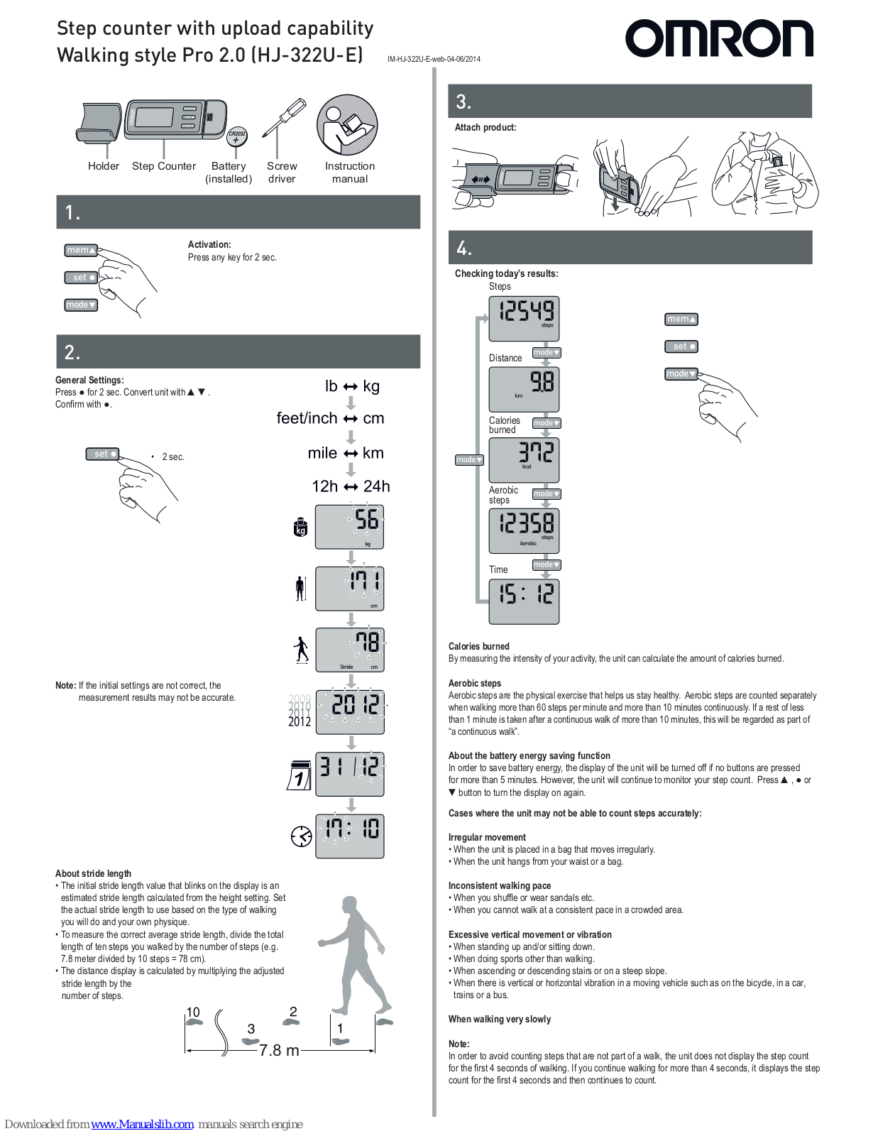 Omron HJ-322U-E, Walking style Pro 2.0 Instruction Manual