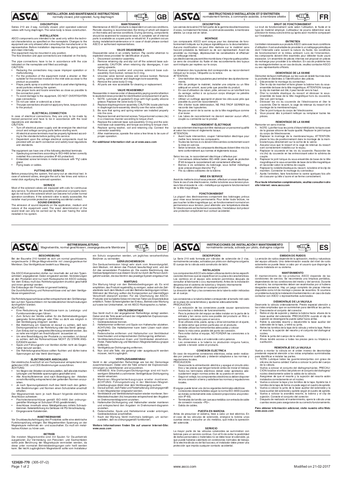 ASCO European Instruction Manual: Series 210 Solenoid Valves Pilot Operated hung Diaphragm Manuals & Guides