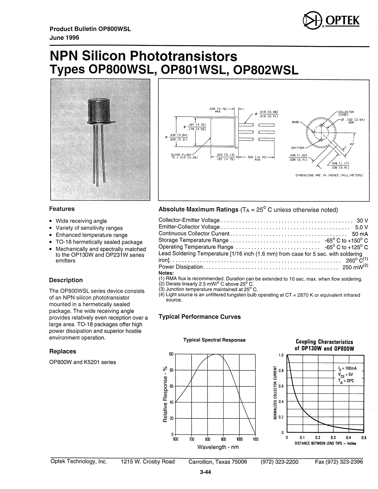 OPTEK OP802WSL, OP801WSL Datasheet