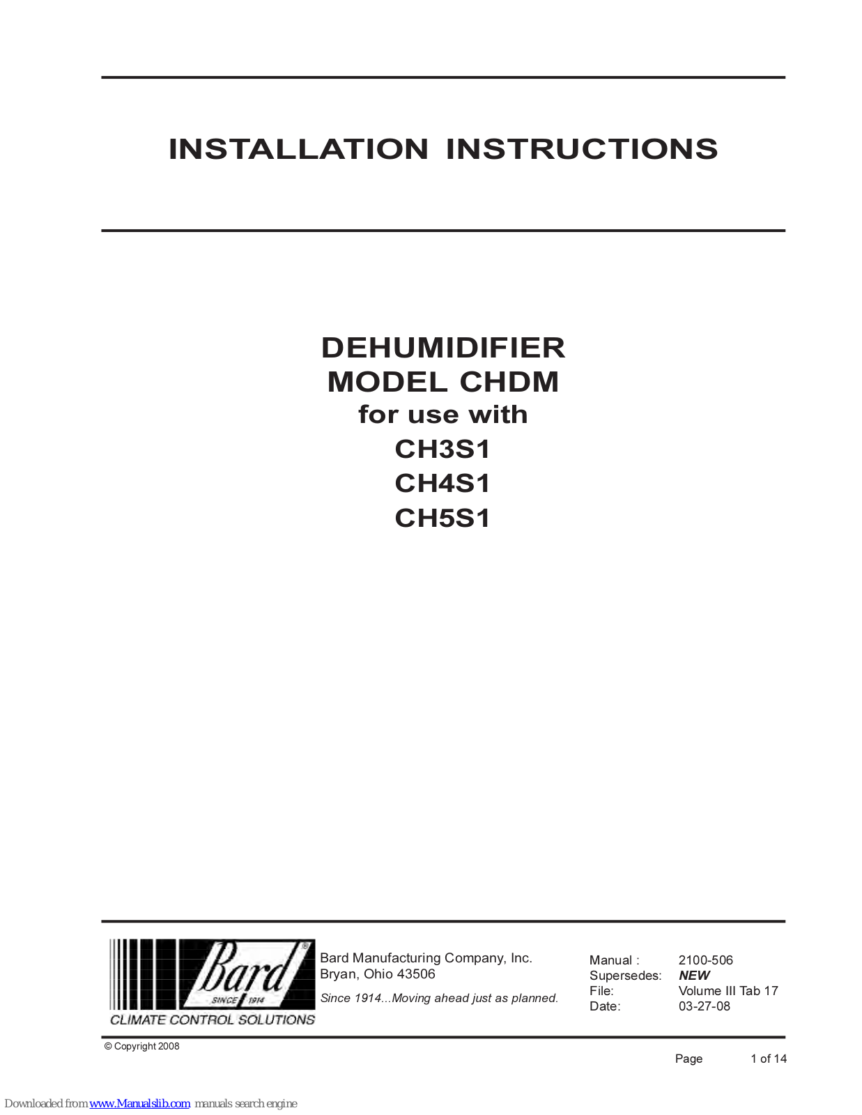 Bard CHDM Installation Instructions Manual