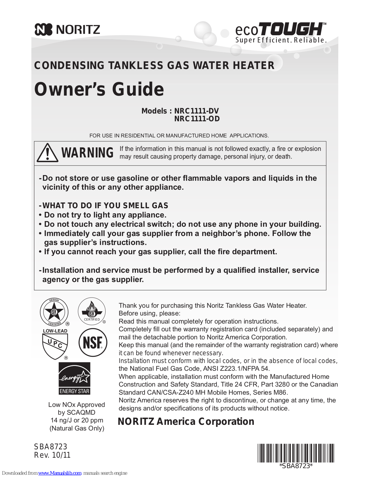 Noritz NRC1111-DV, NRC1111-OD, NRC98-OD, NRC83-DV, NRC83-OD Owner's Manual