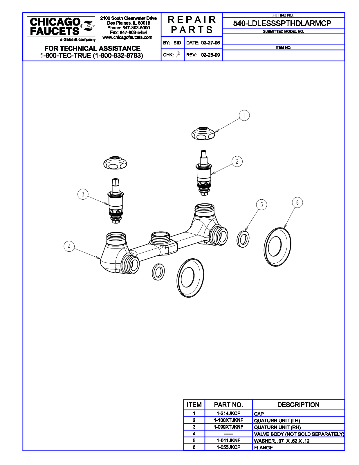 Chicago Faucet 540-LDLESSSPTHDLARMCP Parts List