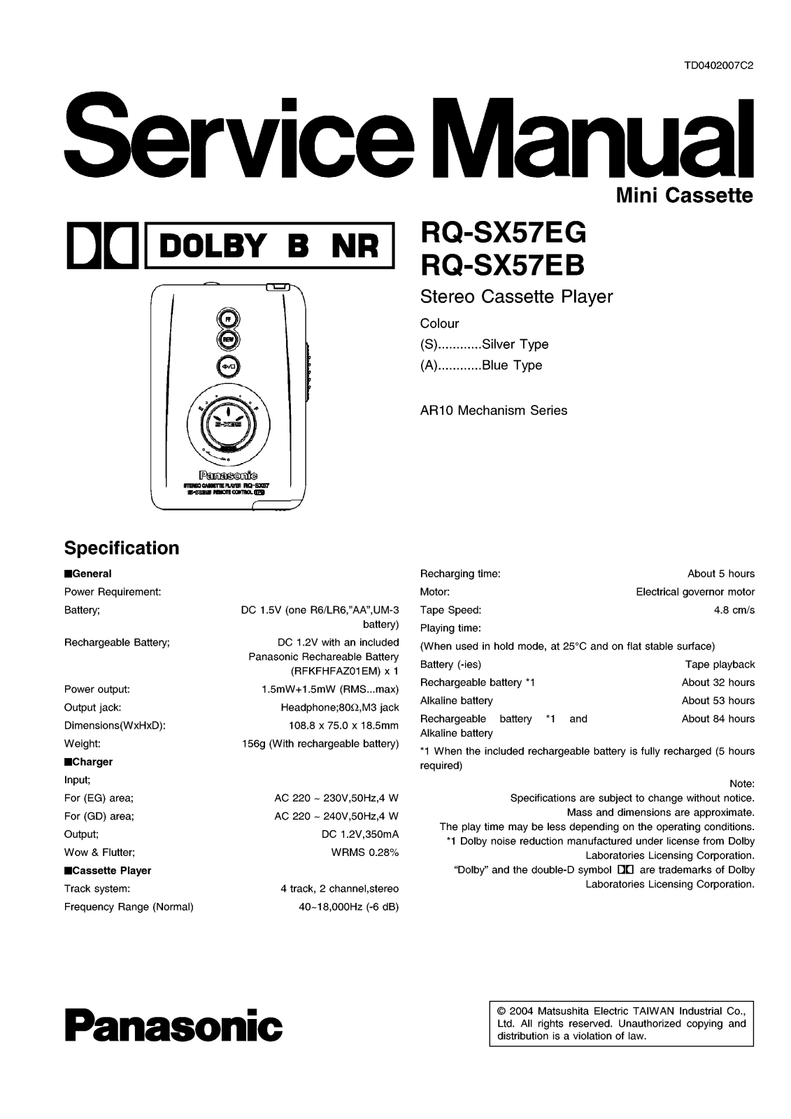 Panasonic RQ-SX-57EG, RQ-SX-57EB Service Manual