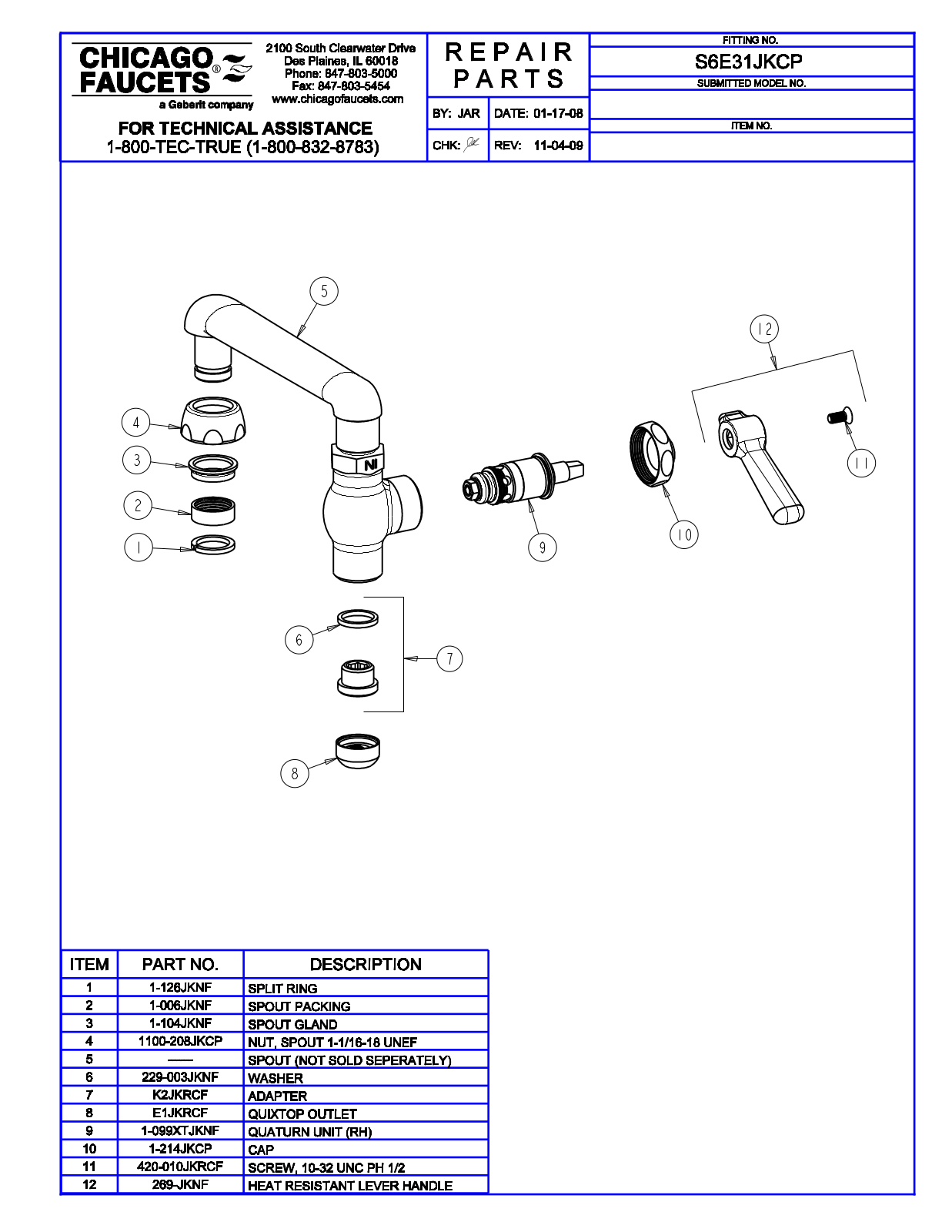 Chicago Faucet S6E31JK Parts List