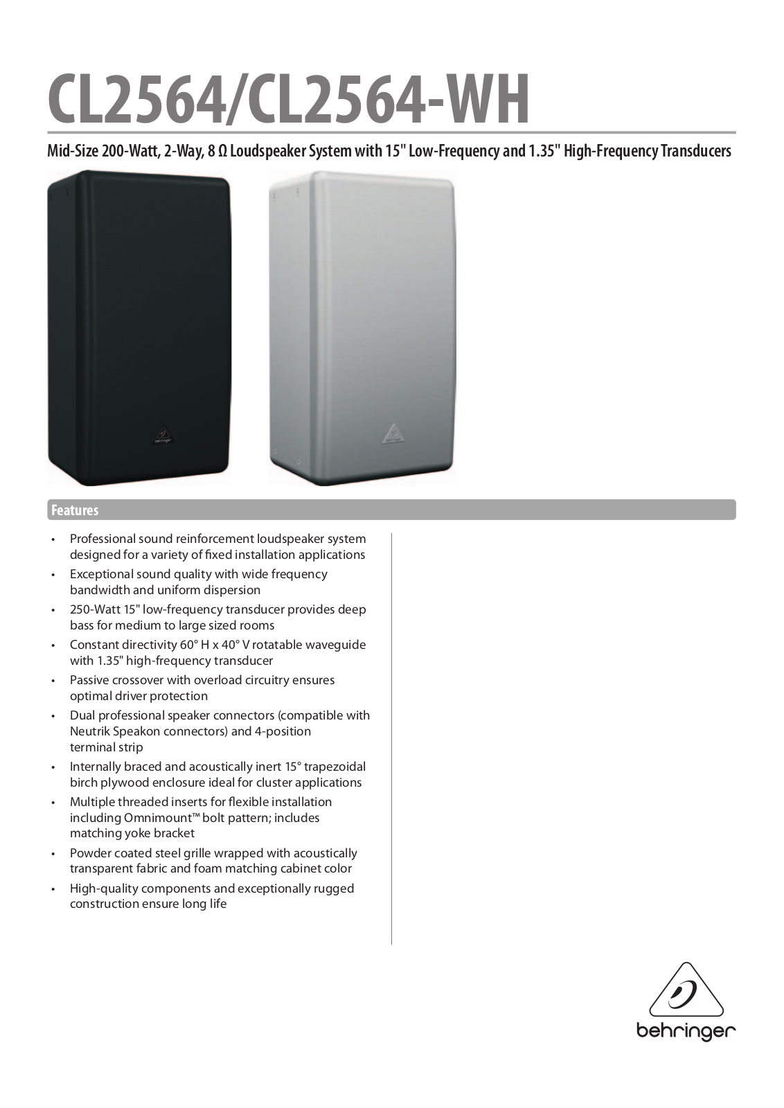 Behringer CL2564, CL2564-WH Specification Sheet - ManualMachine.com