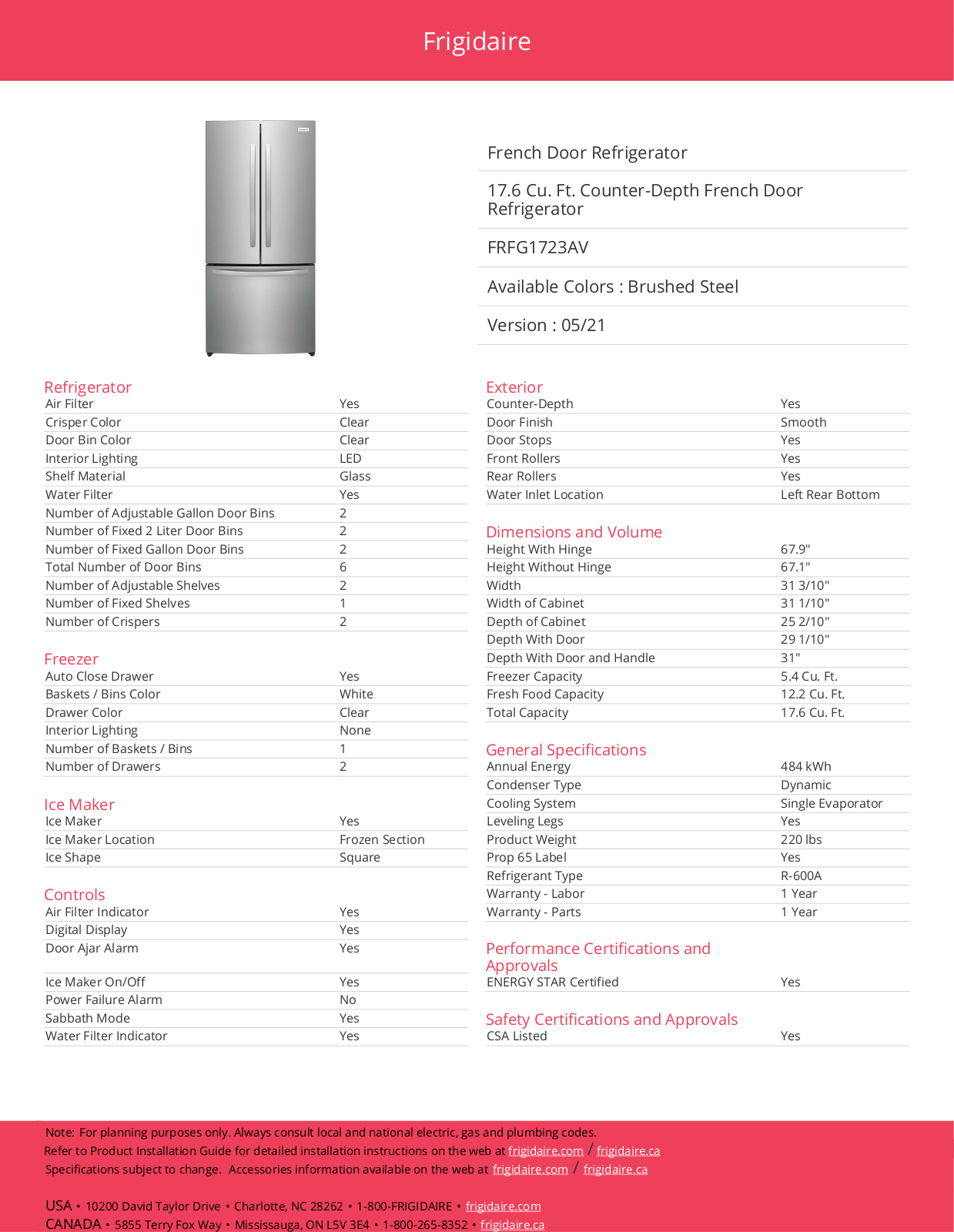 Frigidaire FRFG1723AV Specifications - ManualMachine.com