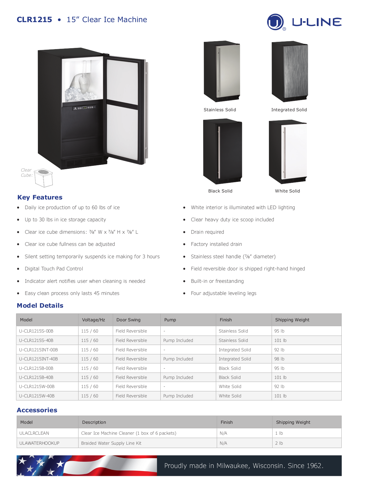 U-Line U-CLR1215S-40B, U-CLR1215INT-40B, U-CLR1215B-40B, U-CLR1215W-00B Specification Sheet