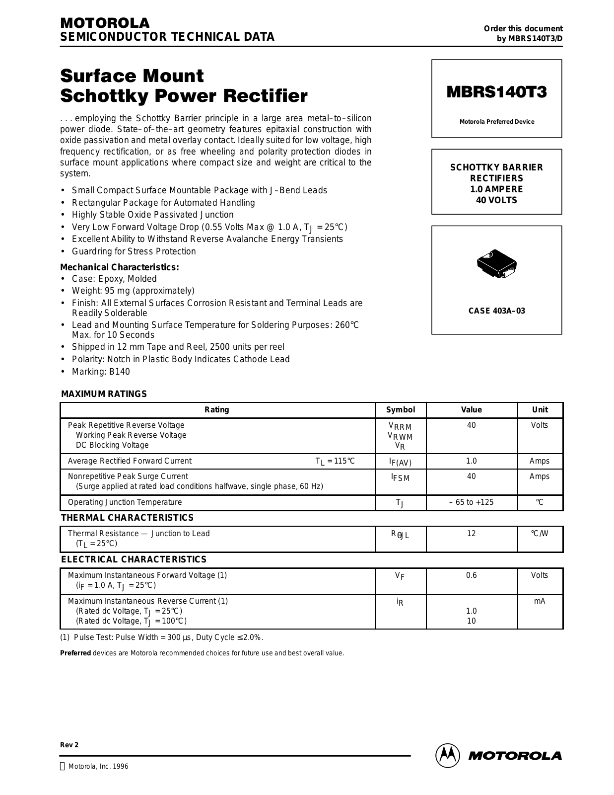 Motorola MBRS140T3 Datasheet