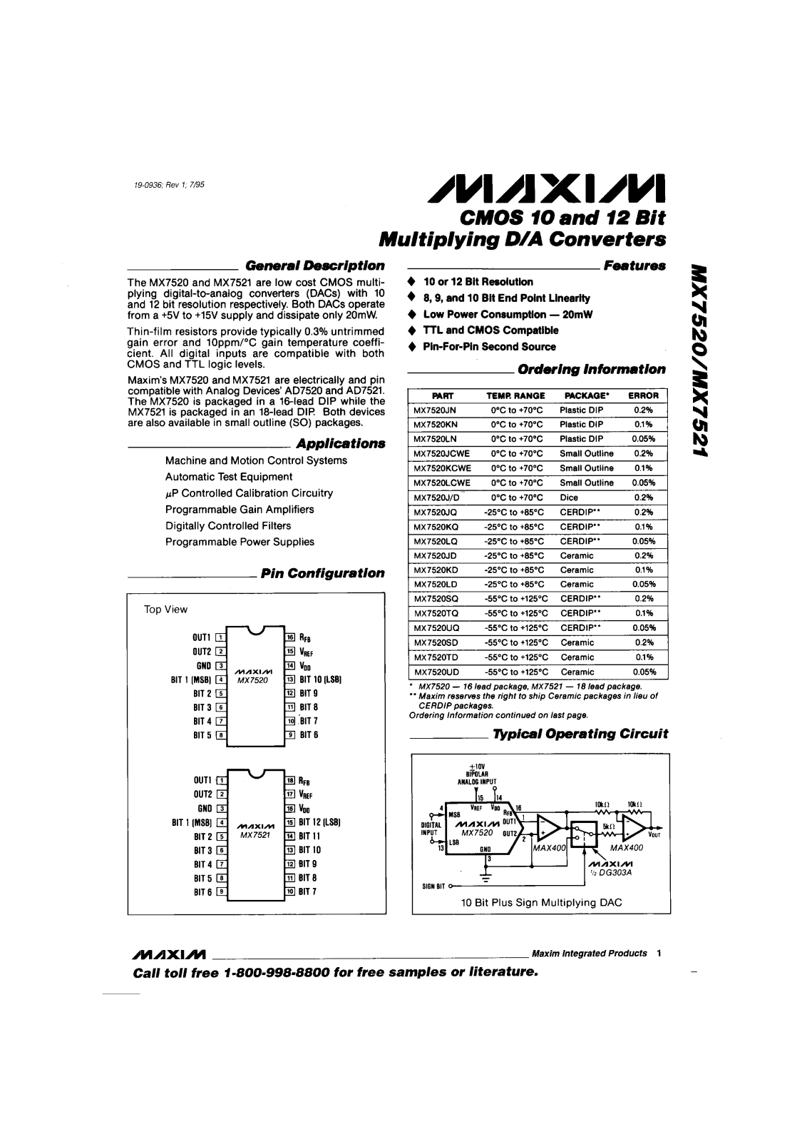 Maxim MX7520TQ, MX7520UD, MX7521J-D, MX7521JCWN, MX7521JN Datasheet