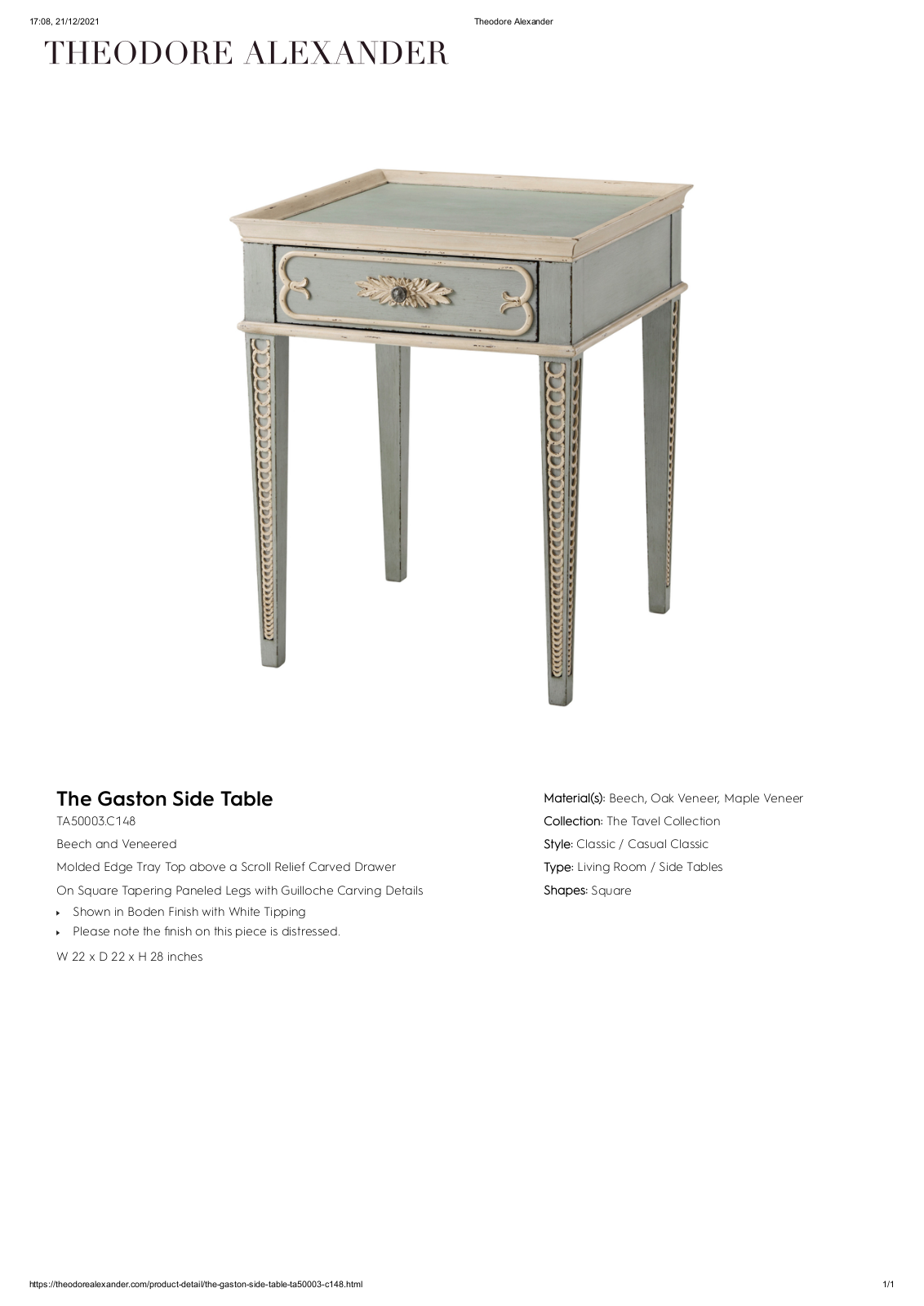 Theodore Alexander FPLJ3828 Specifications - ManualMachine.com
