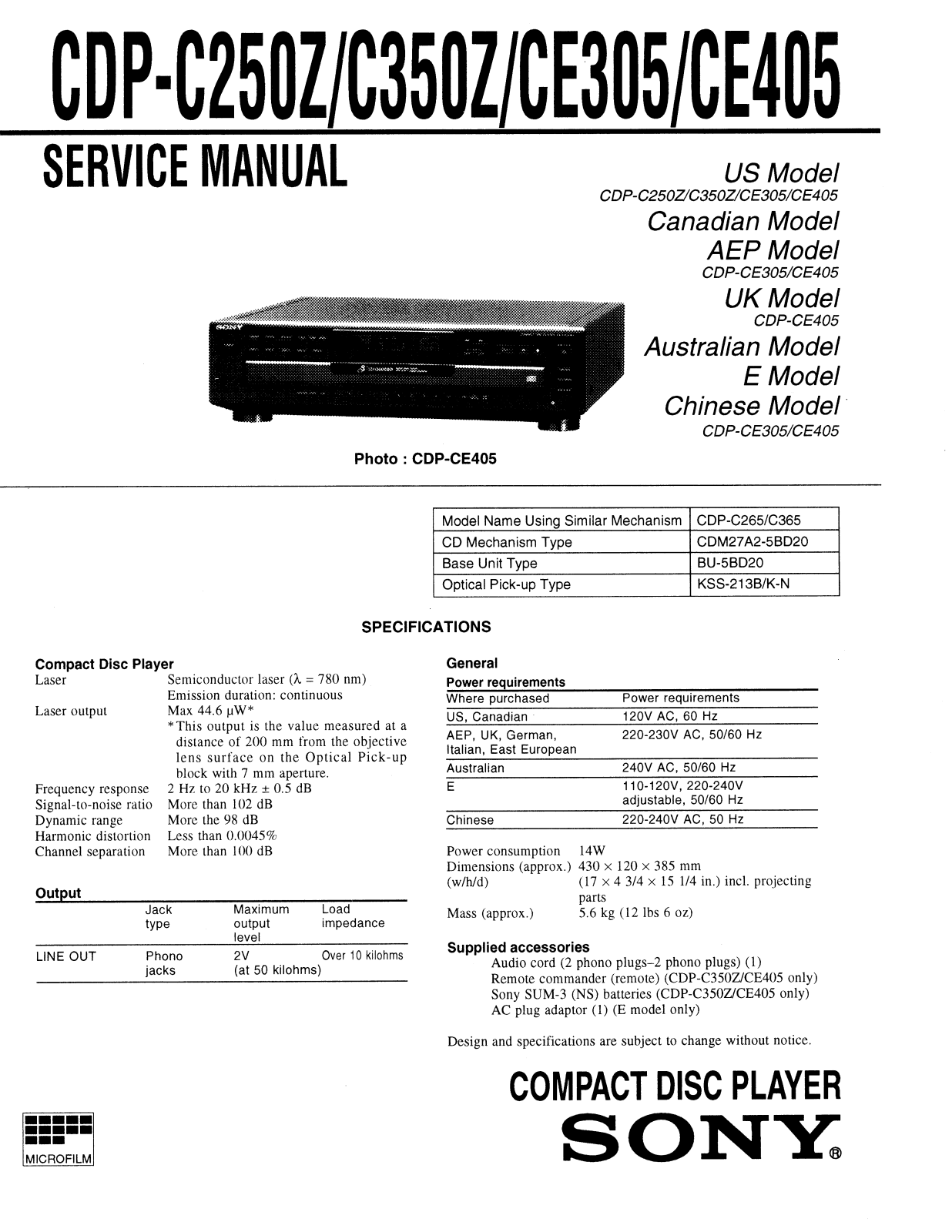 Sony CDP-C250Z, CDP-C350Z, CDP-CE305, CDP-CE405 Schematic