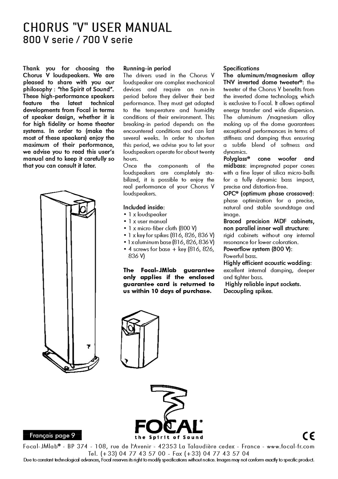 Focal Chorus-SR-800-V, Chorus-SR-700-V, Chorus-CC-800-V, Chorus-CC-700-V, Chorus-826-V User Manual