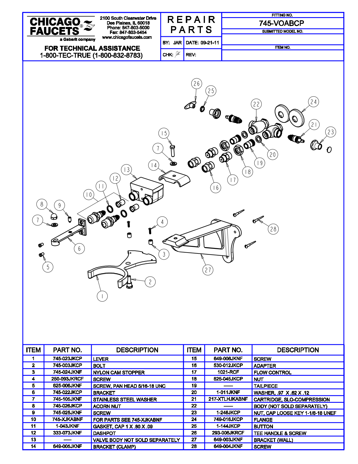 Chicago Faucet 745-VOABCP Parts List