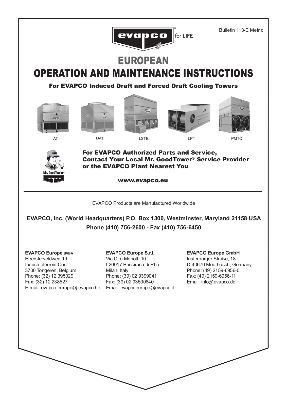 EVAPCO AT 14-64, AT 18-49, AT 14-912, AT 38-942, AT 19-56 Operation And Maintenance Instructions