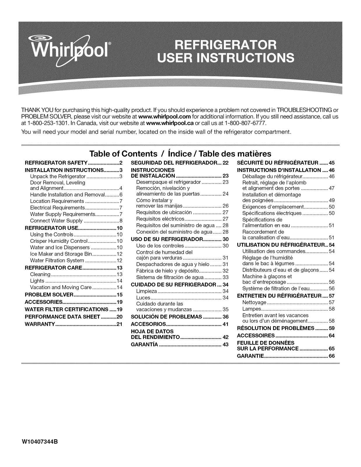 Whirlpool WRS331FDDB00, WRS331FDDM00, WRS331FDDW00, WRS331SDHB00, WRS331SDHM00 Owner’s Manual