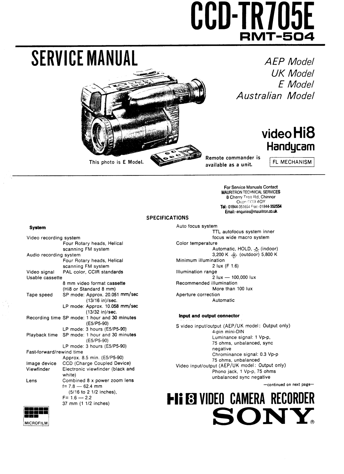 SONY CCCD - TR 705 E Service Manual