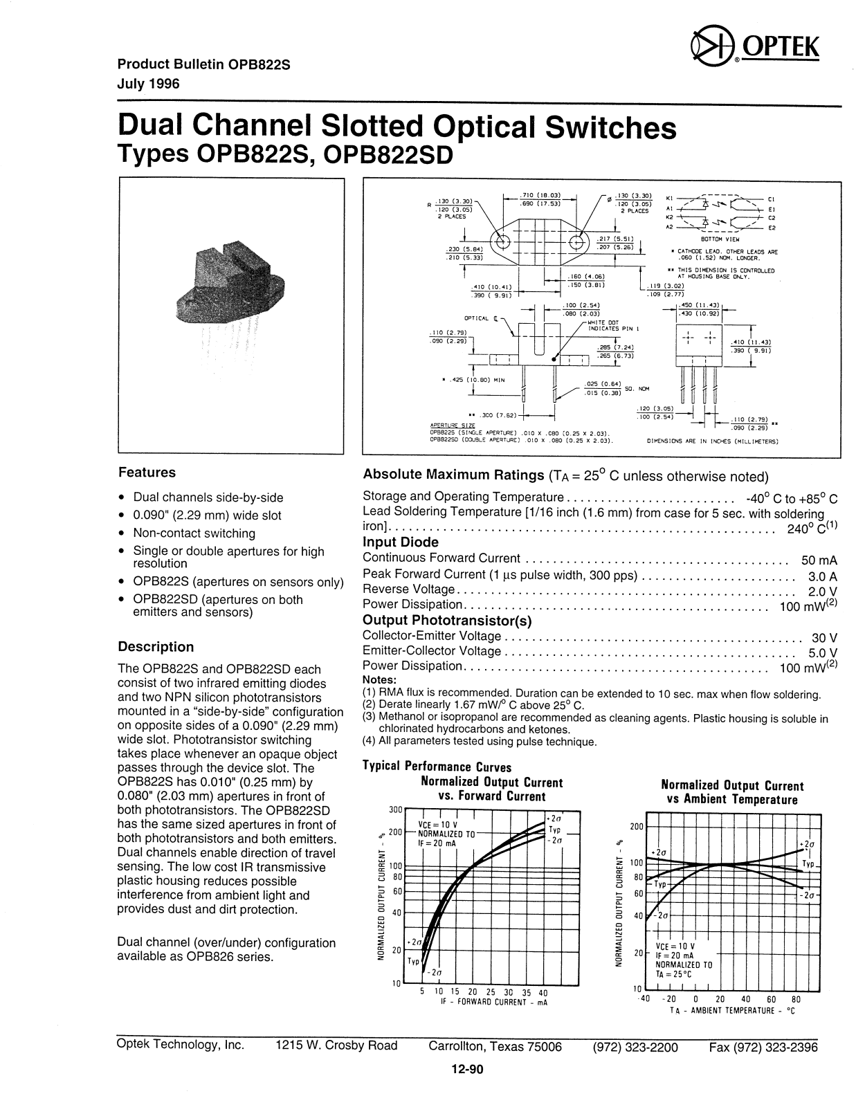 OPTEK OPB822SD, OPB822S Datasheet