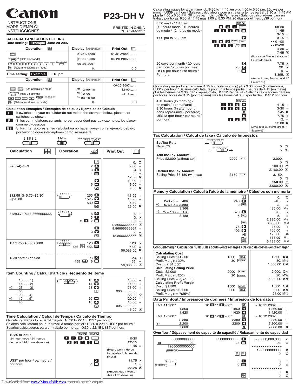 Canon P23 DH - V 2 Color mini-Desktop Printing Calculator Instructions Manual