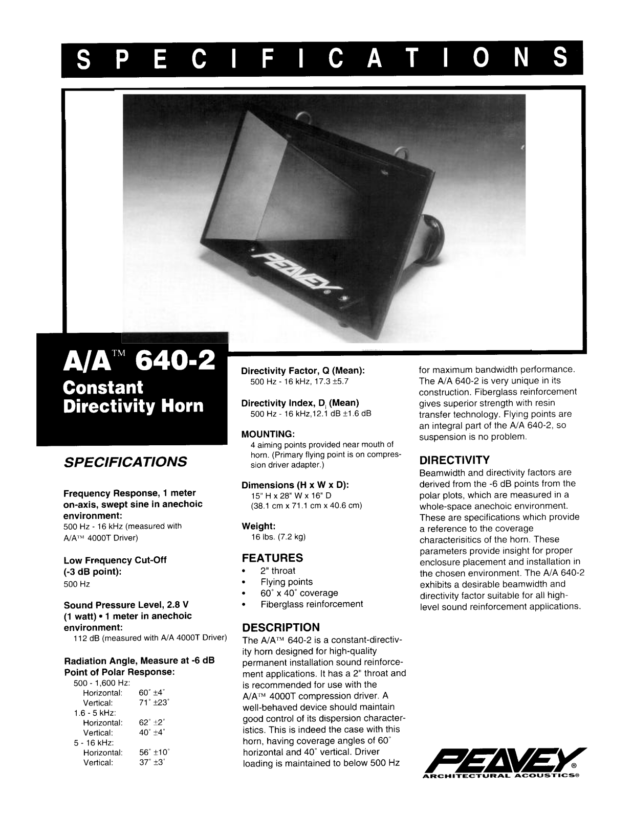 Peavey A-A 640-2 DATASHEET