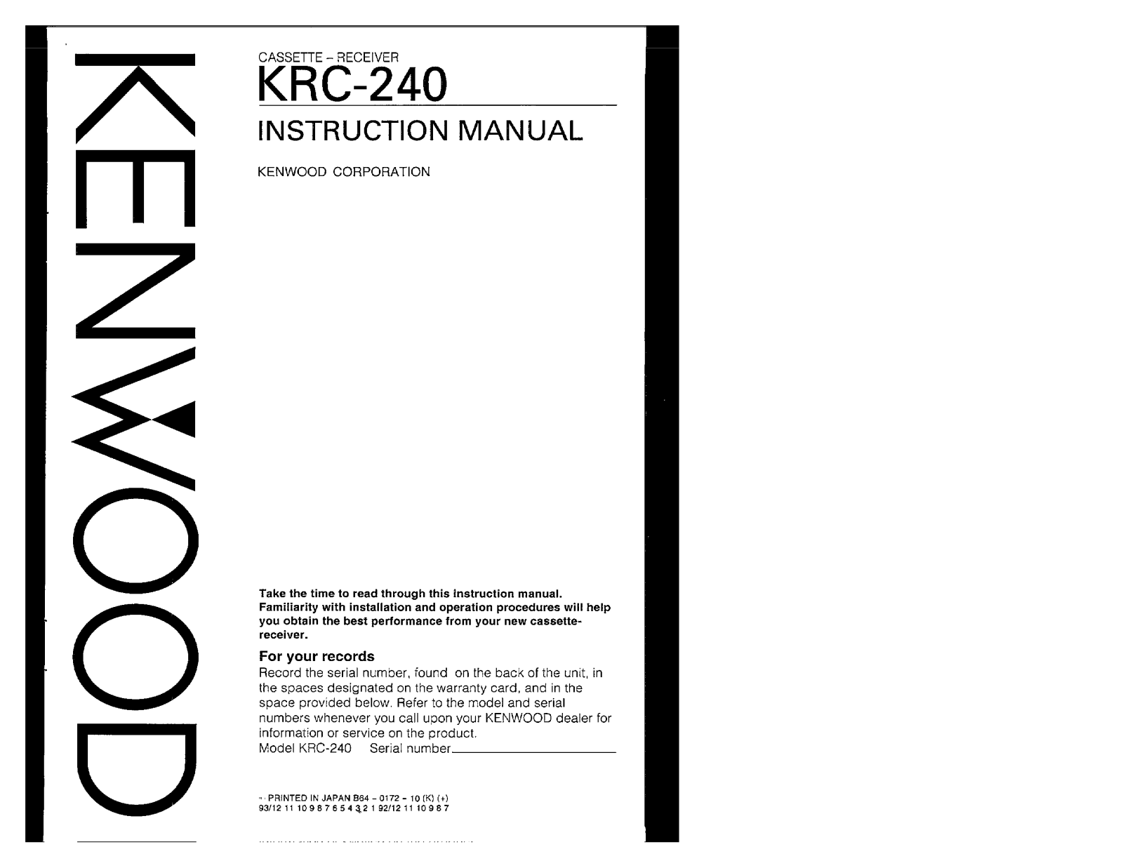 Kenwood KRC-240 Owner's Manual