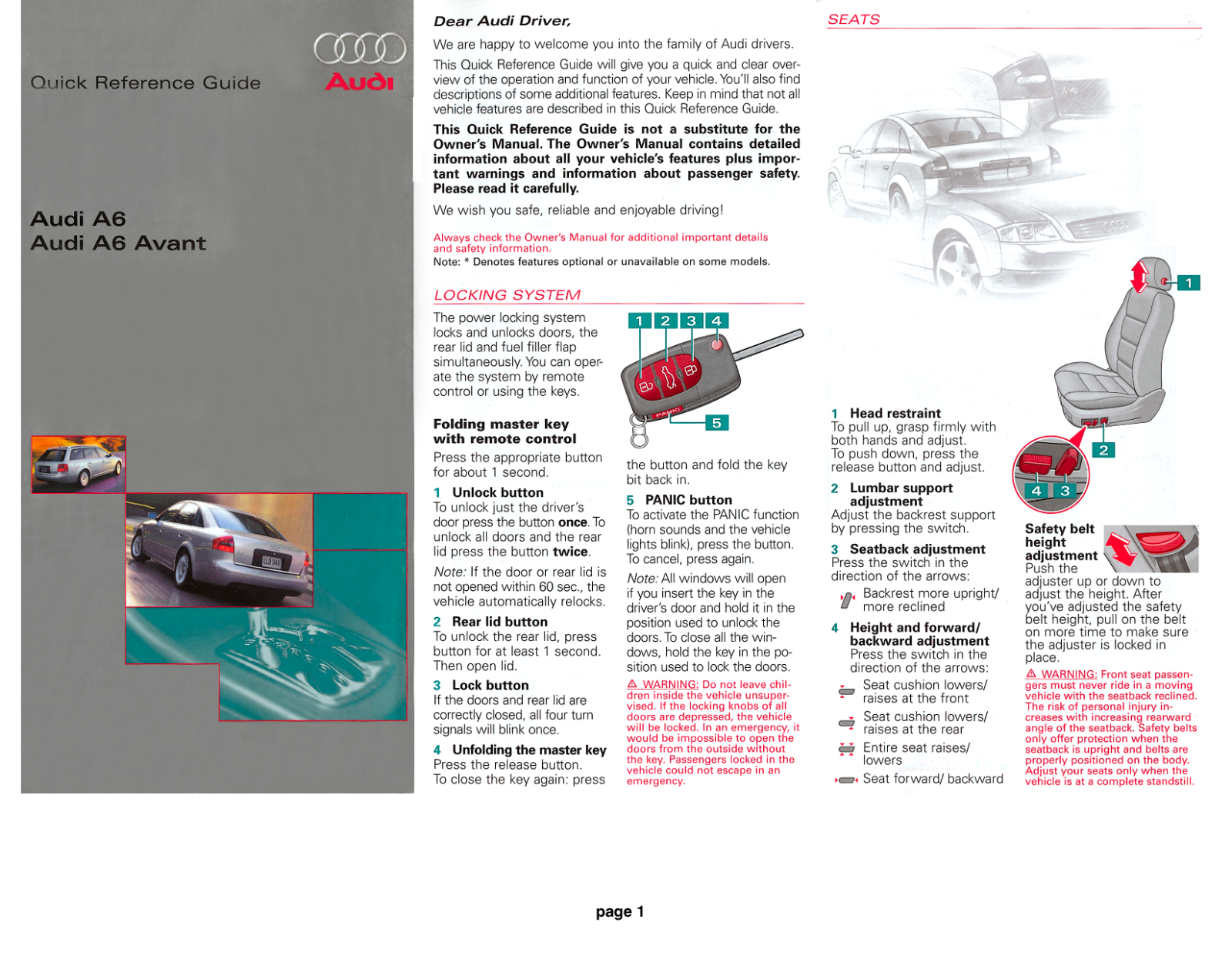 Audi A6, A6 AVANT Quick Reference Guide - 2001