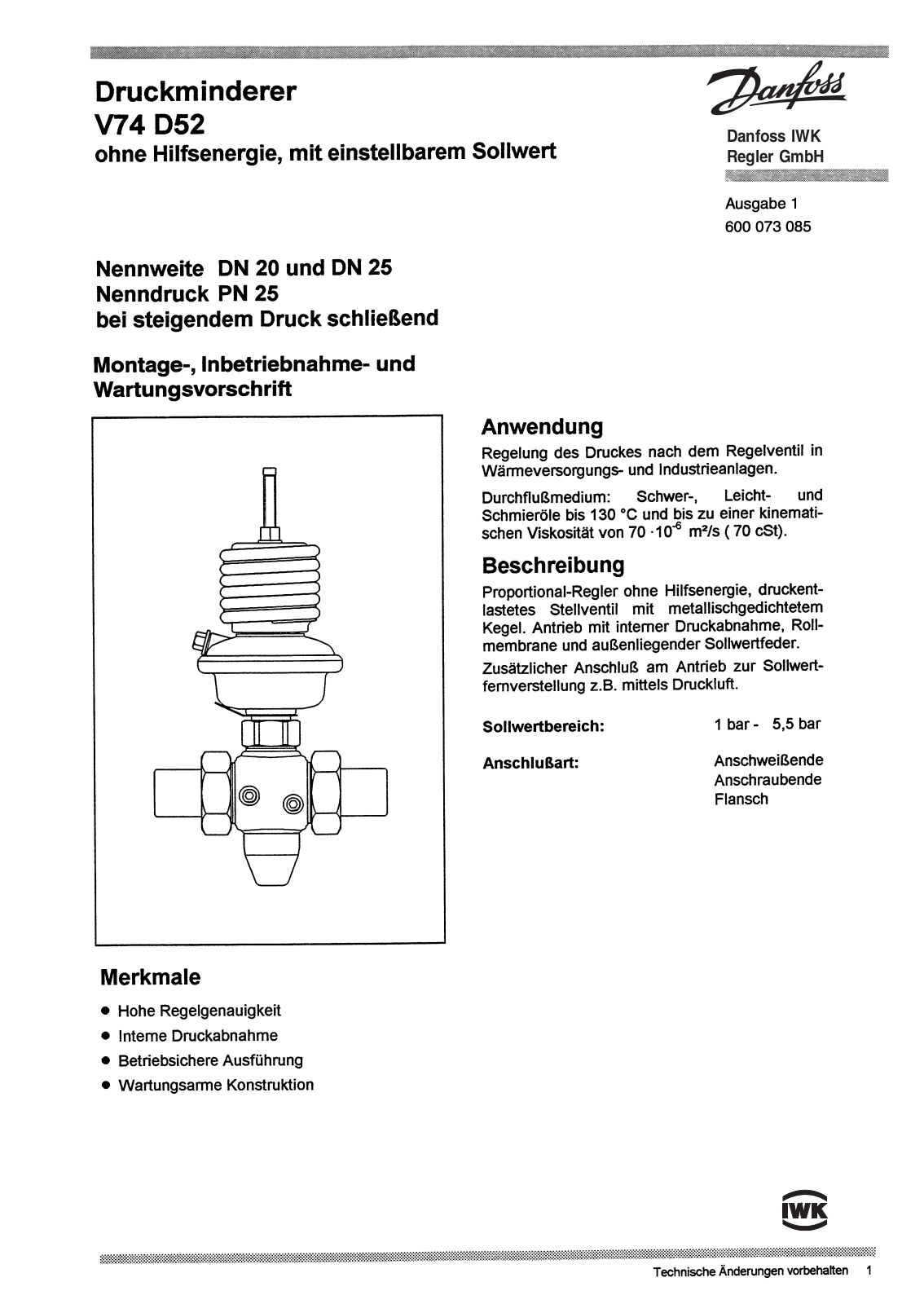 Danfoss V 74 D 52 Operating guide