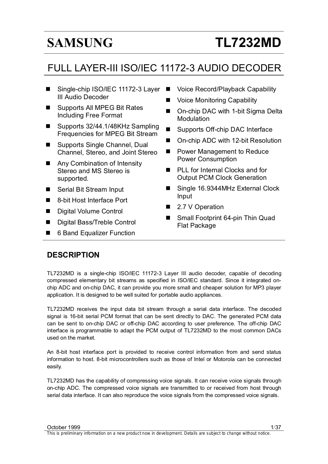 Samsung TL7232MD Datasheet