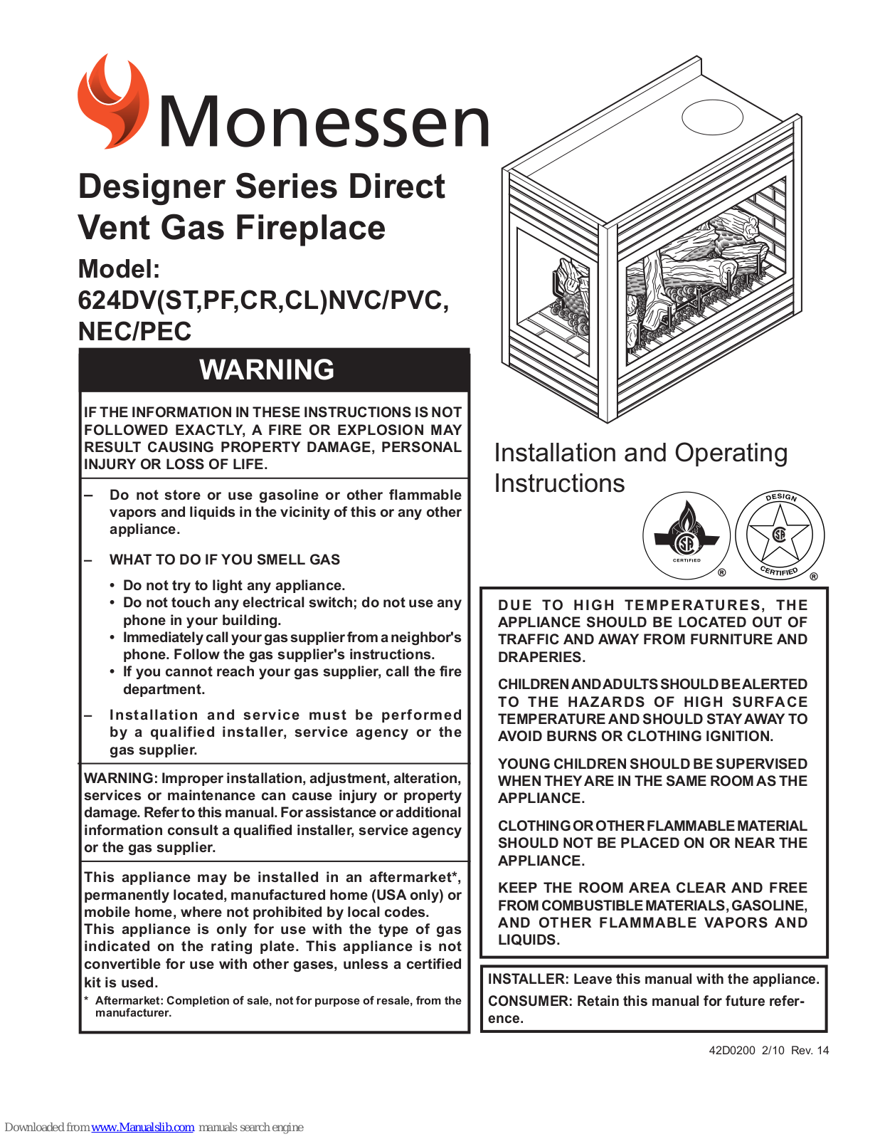 Monessen 624DSTVNVC, 624DVPFNVC, 624DVCRNVC, 624DVCLNVC, 624DVSTPVC Installation And Operating Instructions Manual