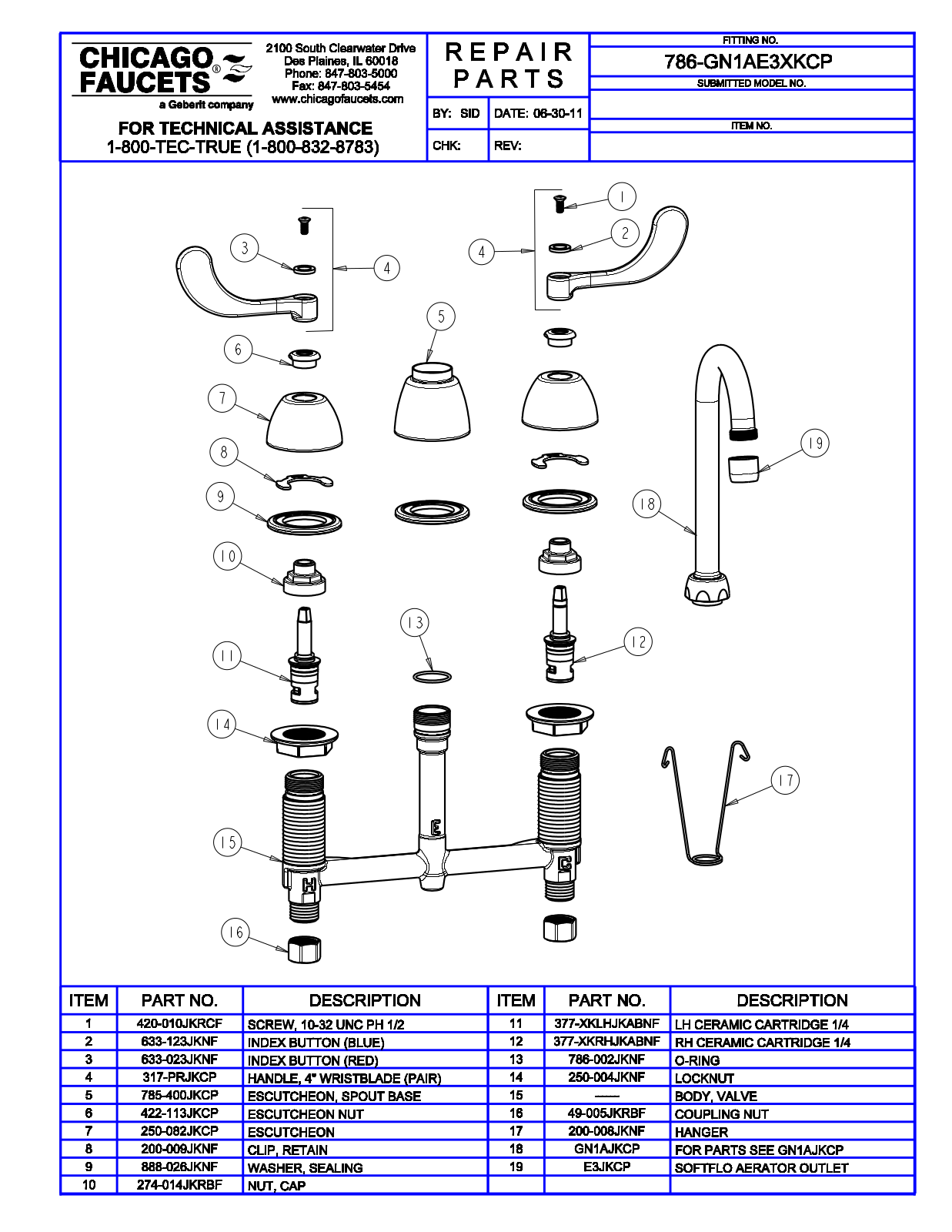 Chicago Faucet 786-GN1AE3XKCP Parts List