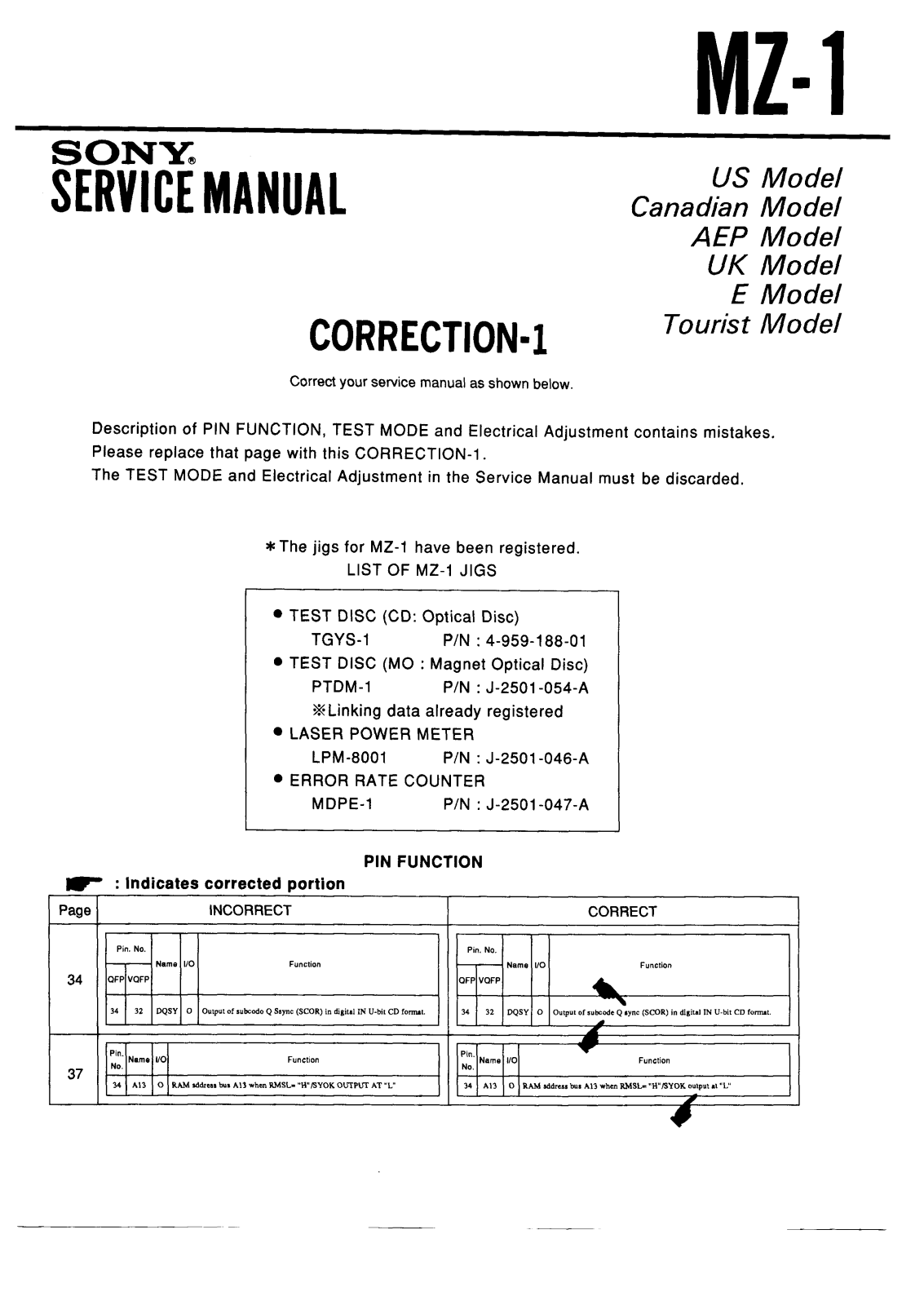 Sony MZ-1 Service Manual Corr1