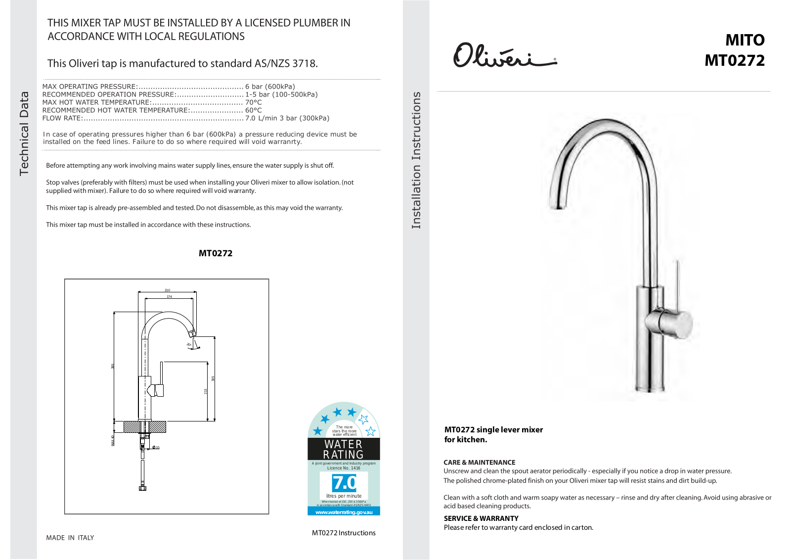 Oliveri MT0272B, MT0272C Installation Guide