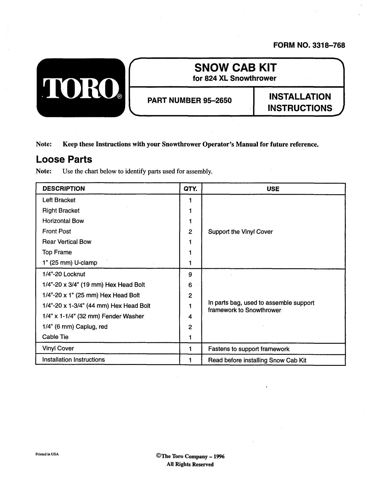 Toro 95-2650 Installation Instructions