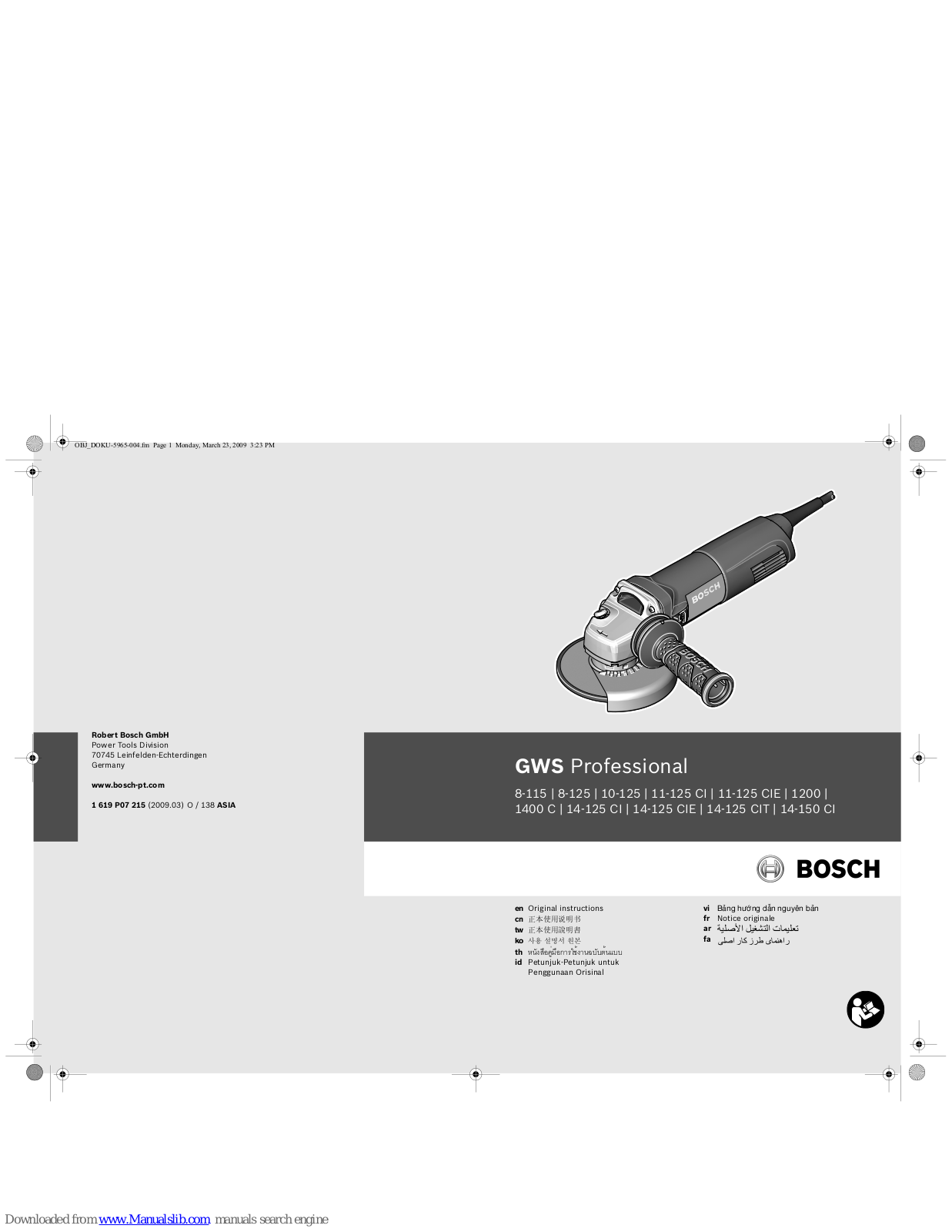 Bosch GWS 8-125 Professional, GWS 14-125 CI Professional, GWS 1200 Professional, GWS 1400 C Professional, GWS 14-125 CIE Professional Original Instructions Manual