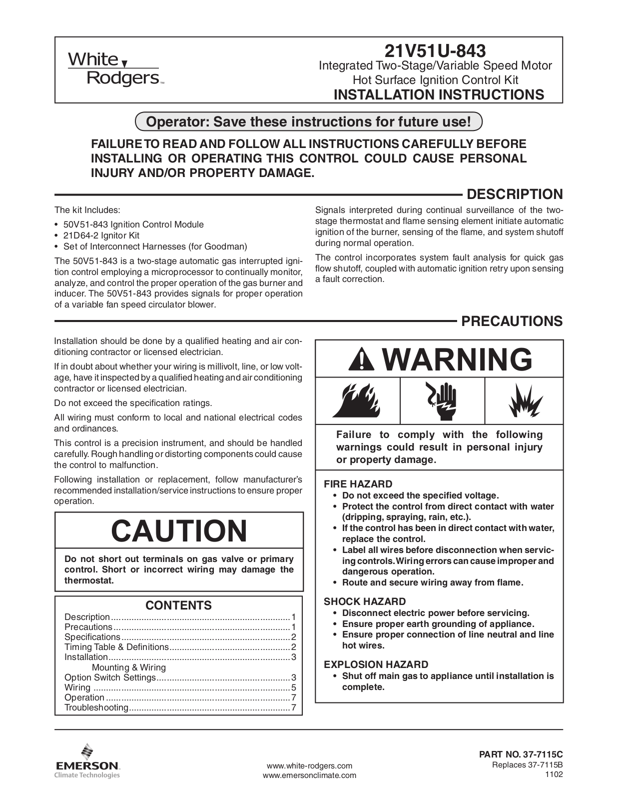 White Rodgers 21V51U-843 Installation Instructions