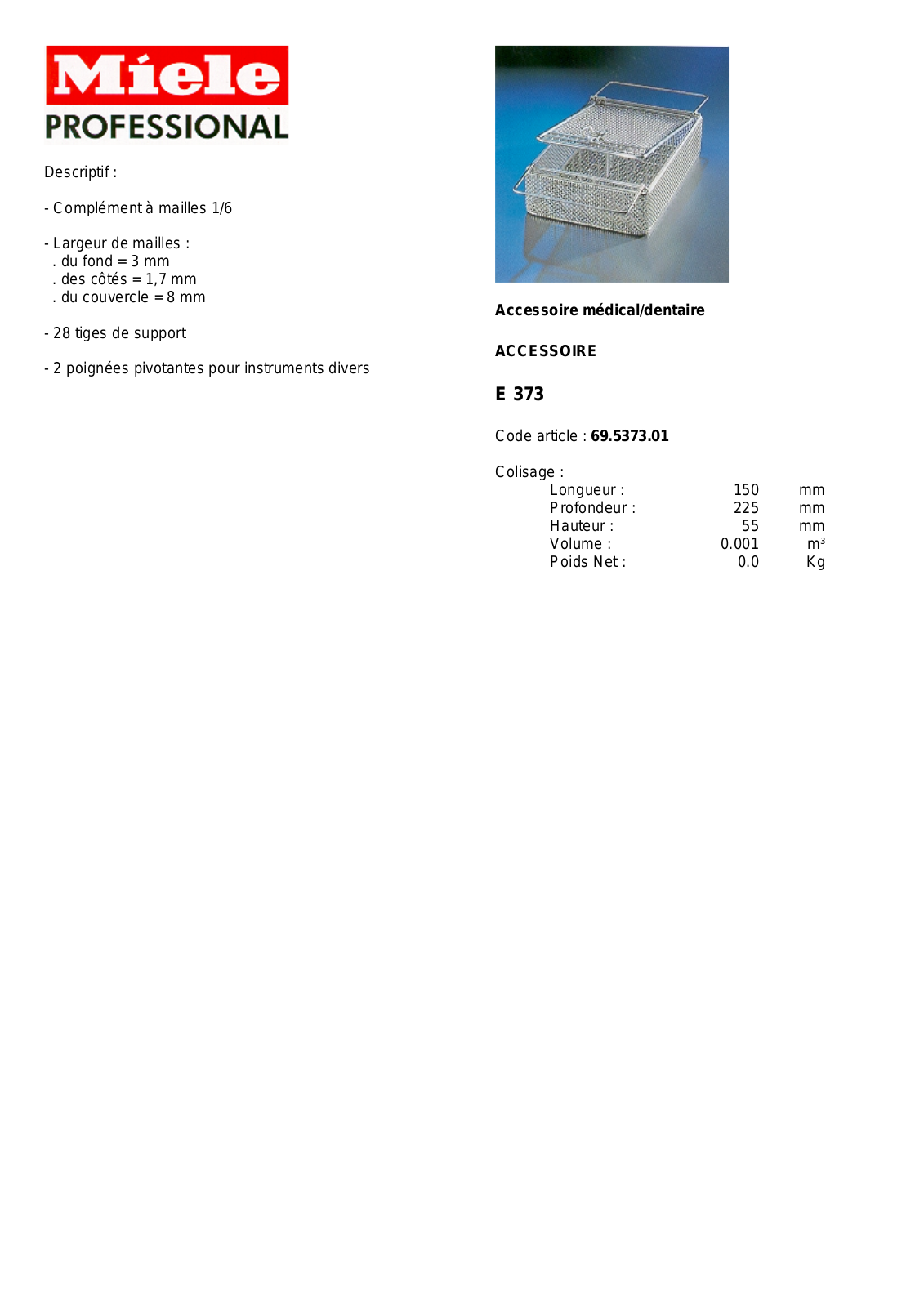 MIELE E 373 DESCRIPTIF User Manual