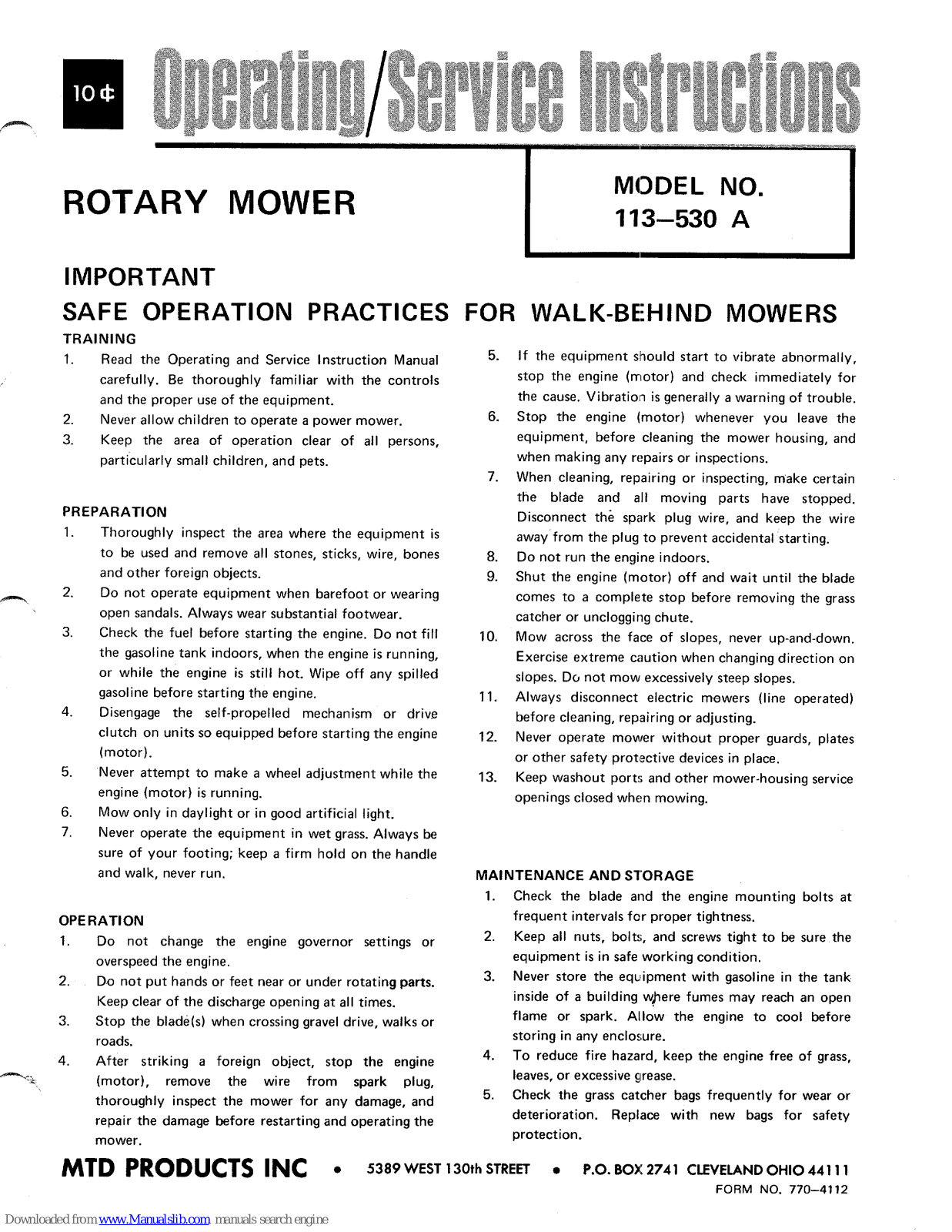 MTD 113-530 A Operating/service Instructions Manual