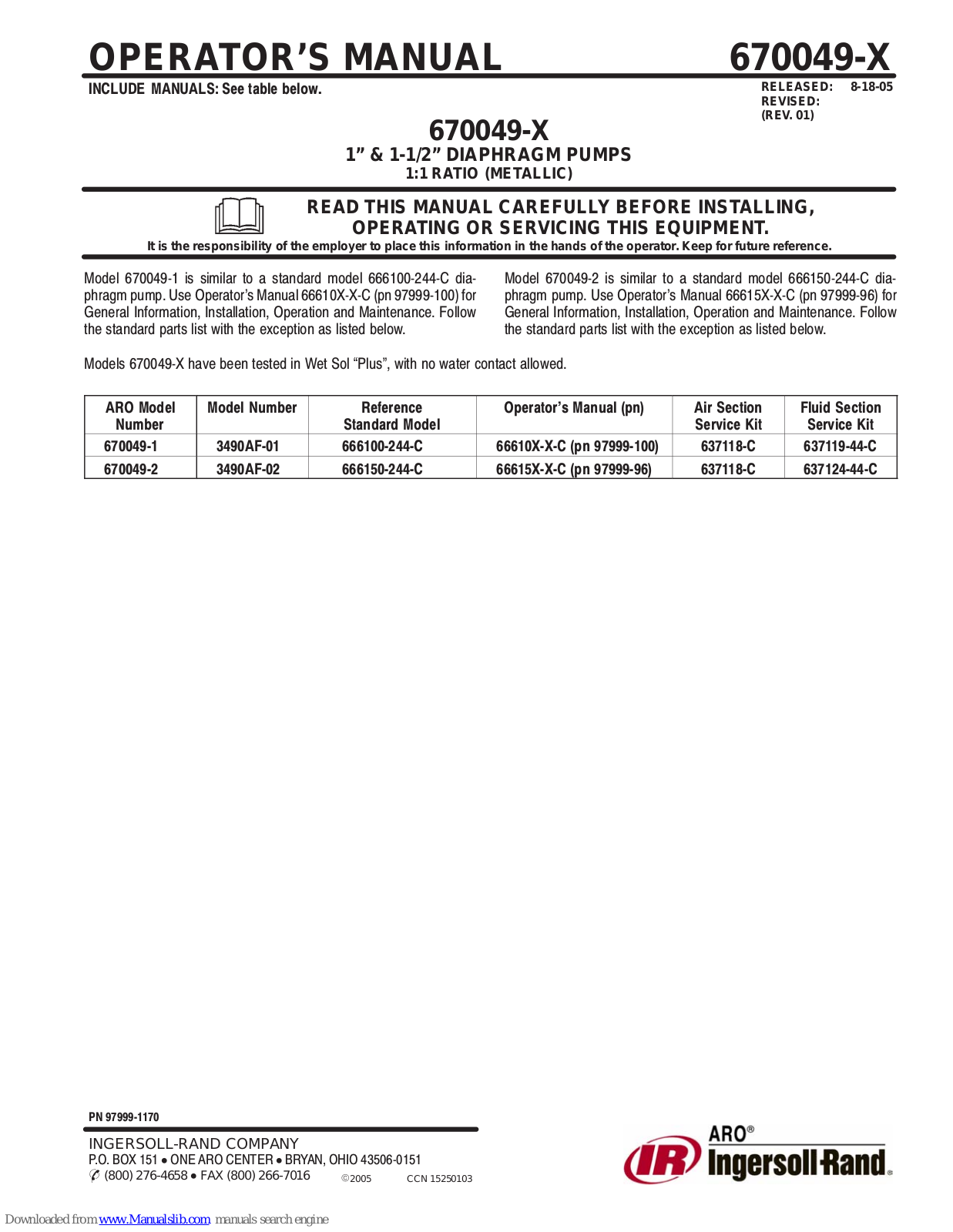 Ingersoll-Rand ARO 670049-1, ARO 670049-2 Operator's Manual