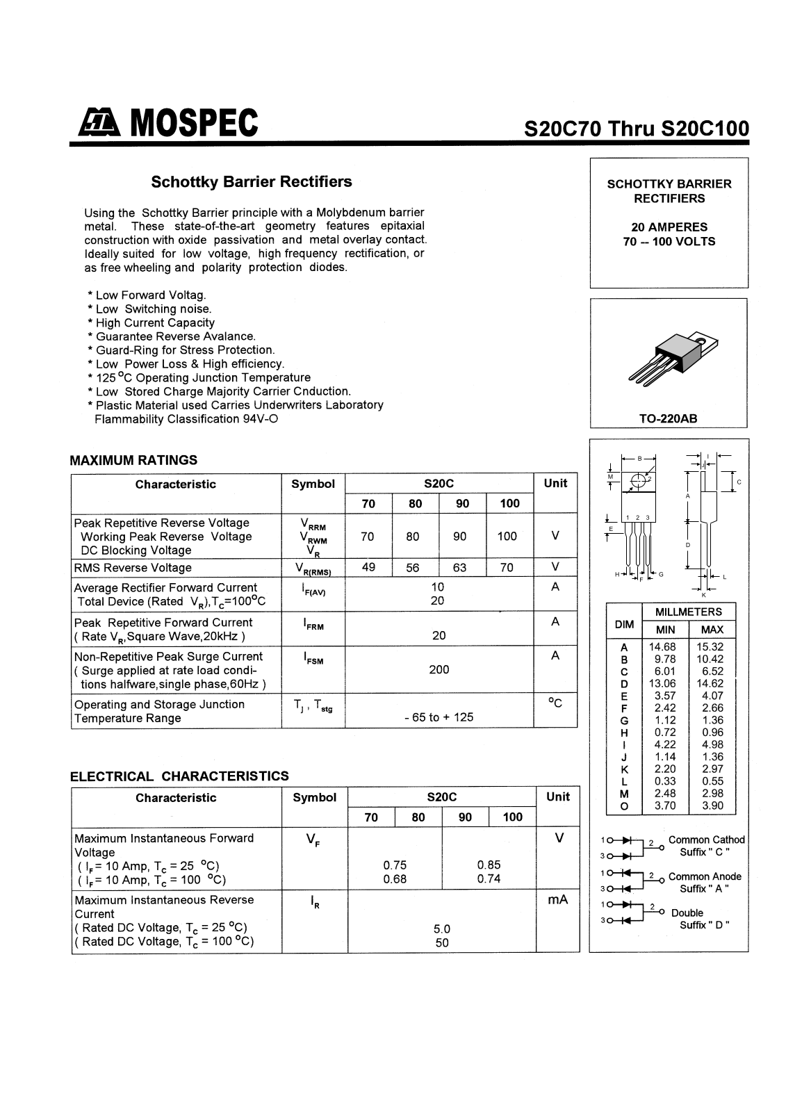 MOSPEC S20C100, S20C70, S20C80, S20C90 Datasheet