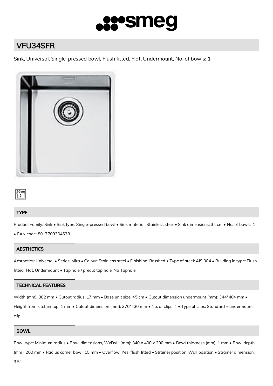 Smeg VFU34SFR Technical sheet