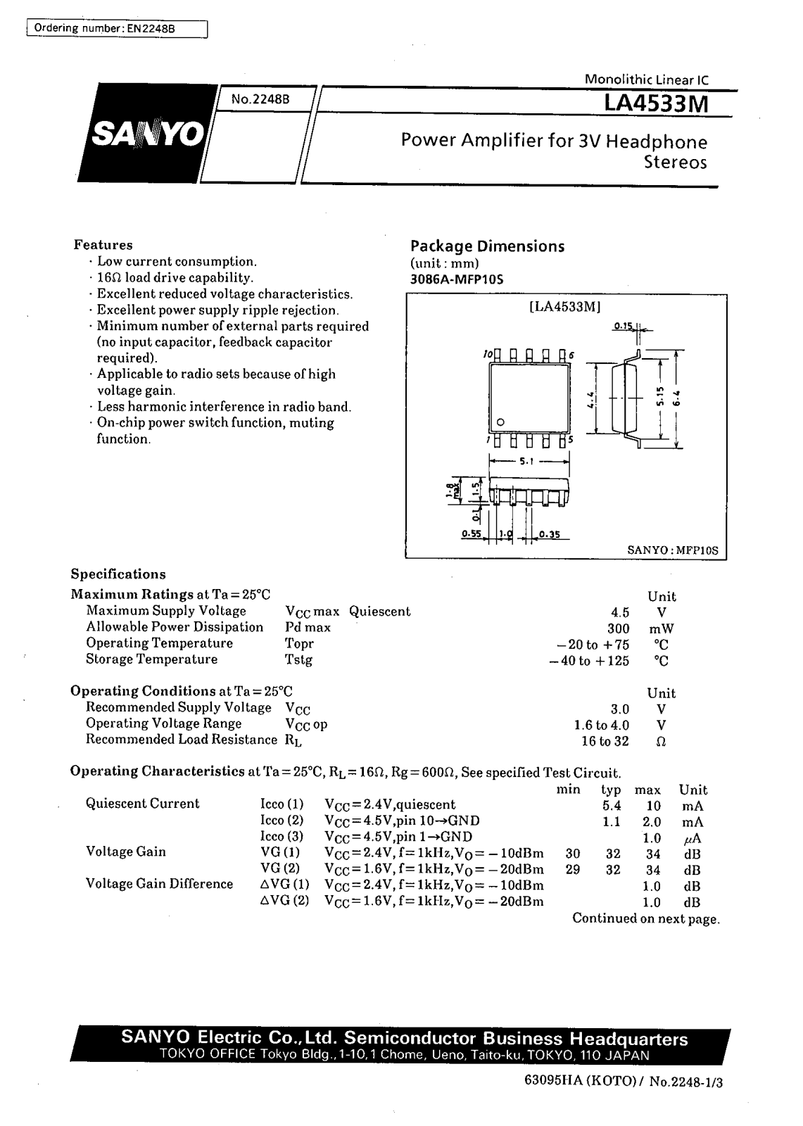 SANYO LA4533M Datasheet