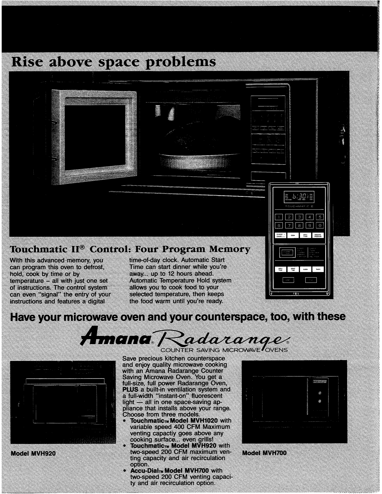 Amana MVH700, MVH920, MVH1020 Specification Sheet