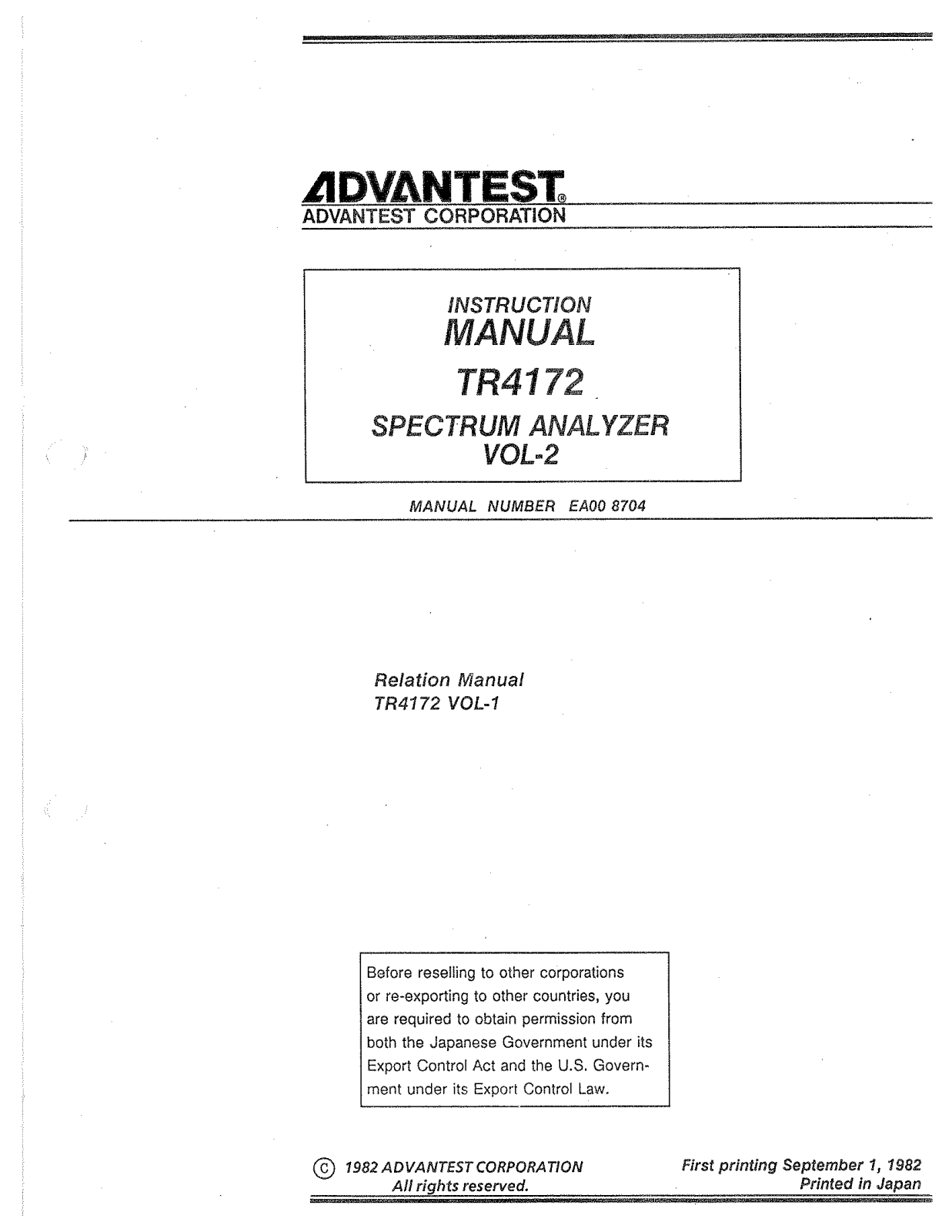 Advantest Corporation TR4172 Service Manual