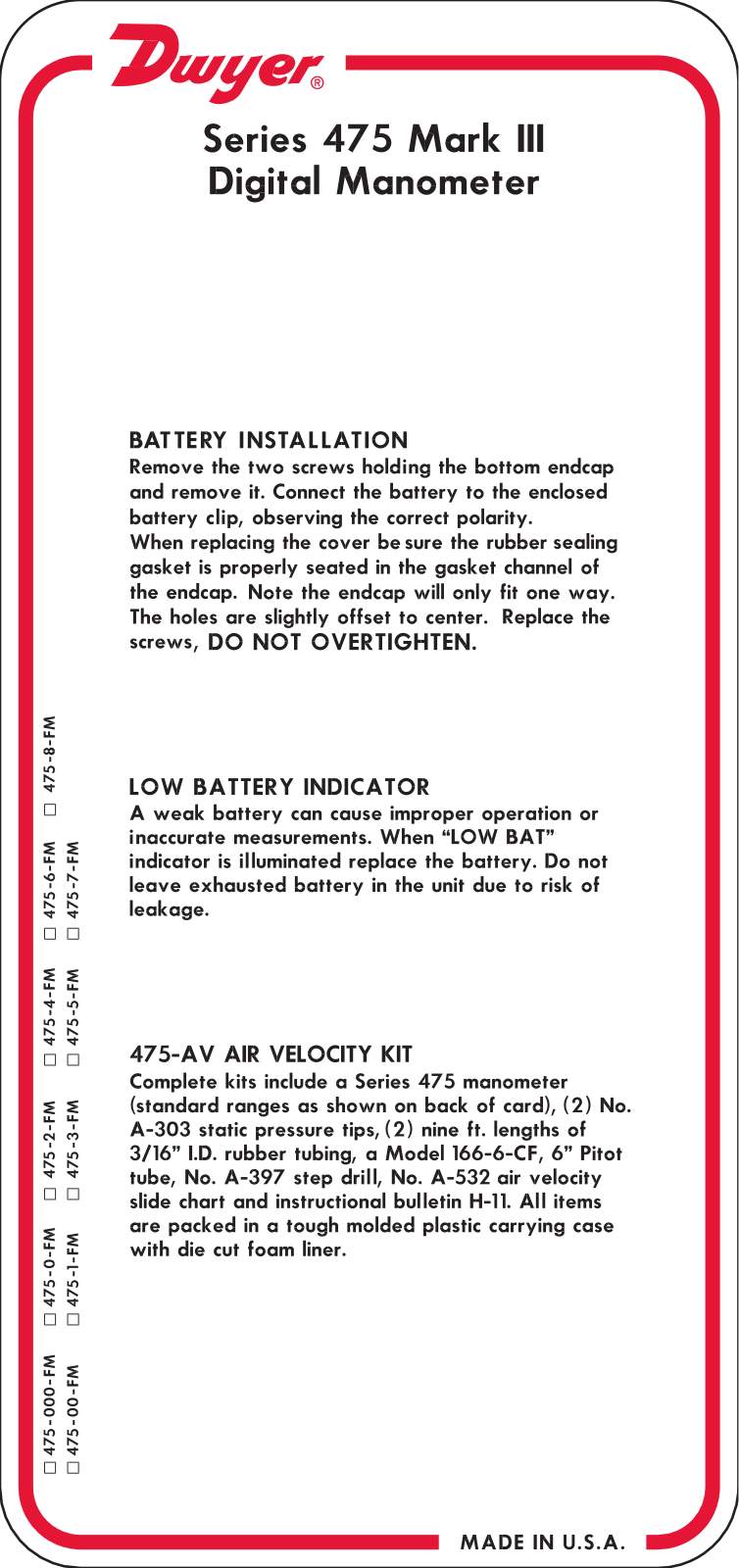 Dwyer Instruments 475-III Operating Manual