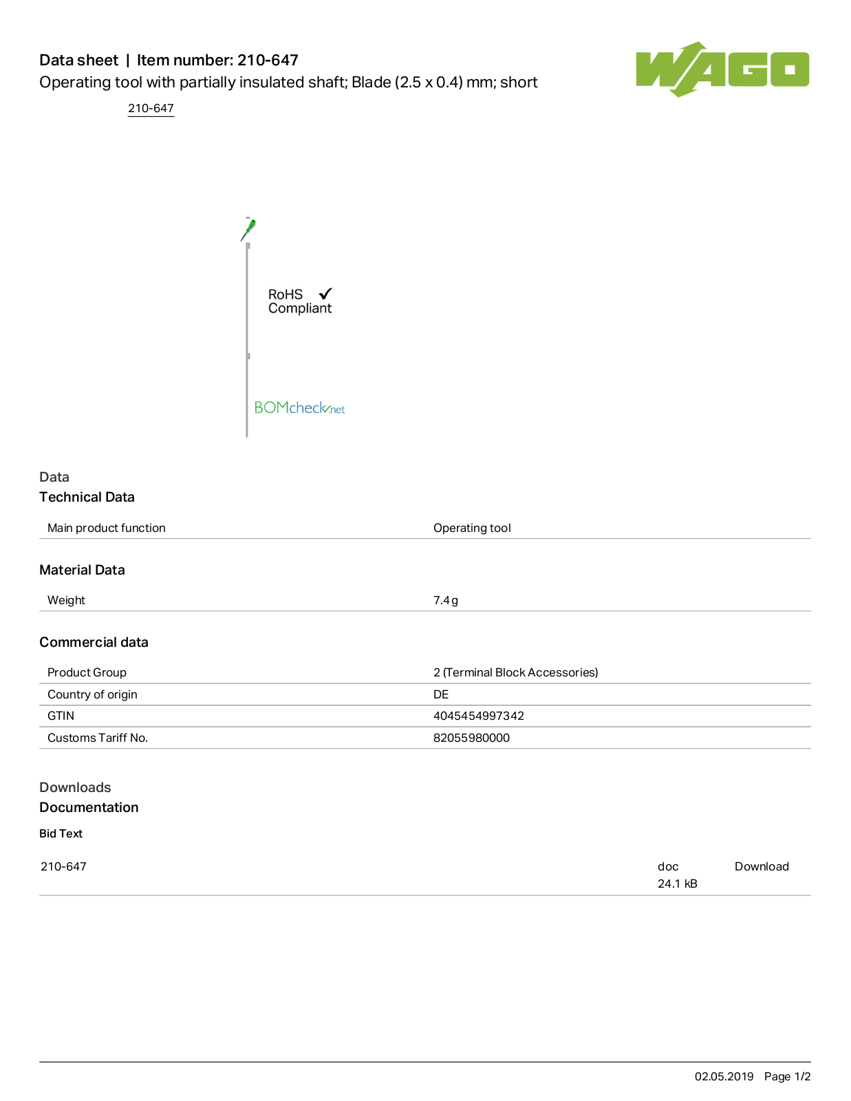 Wago 210-647 Data Sheet