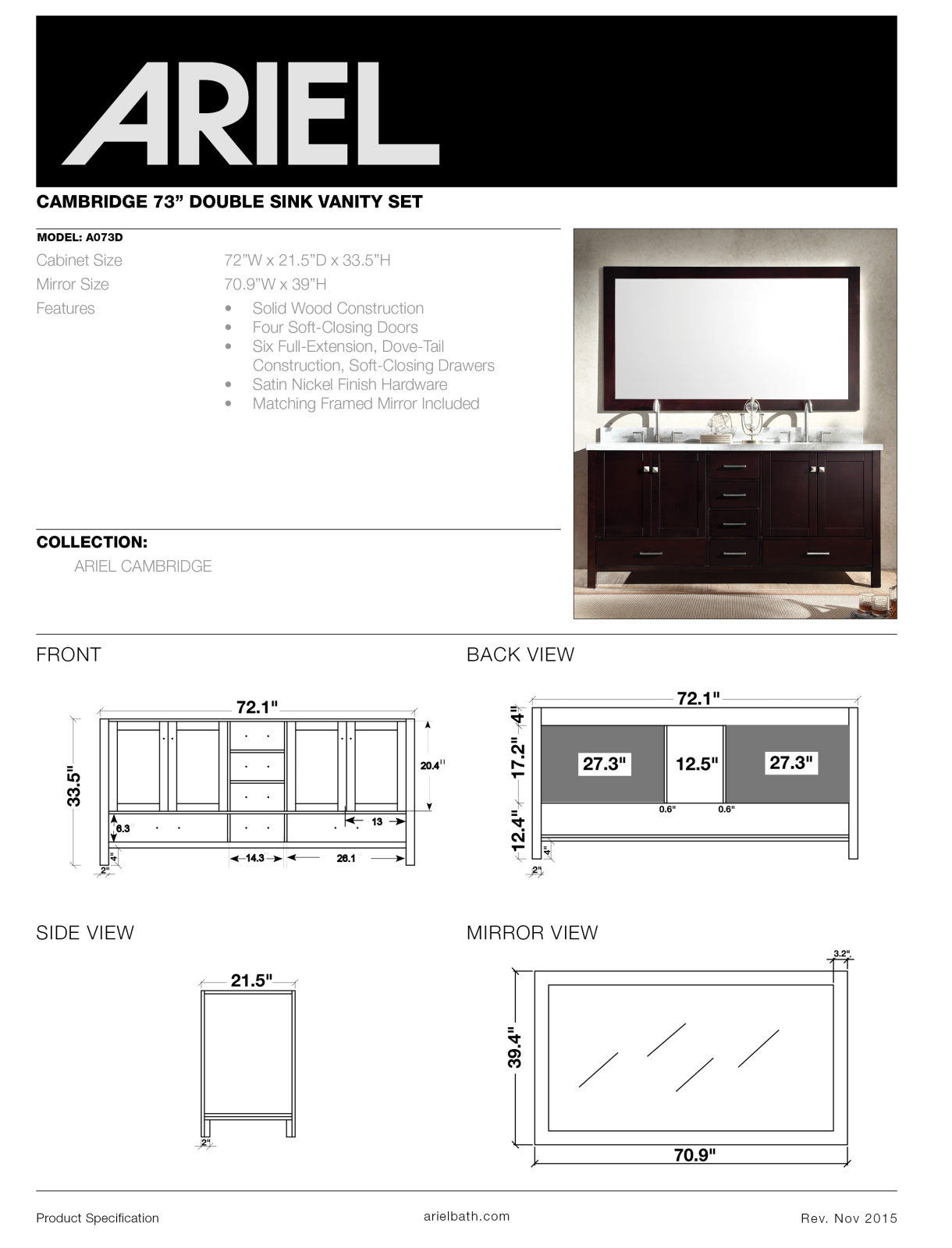Ariel A073DCWRVOESP, A073DCWRVOWHT, A073DCWRVOGRY, A073DCWRGRY, A073DCWRESP Specifications - ManualMachine.com