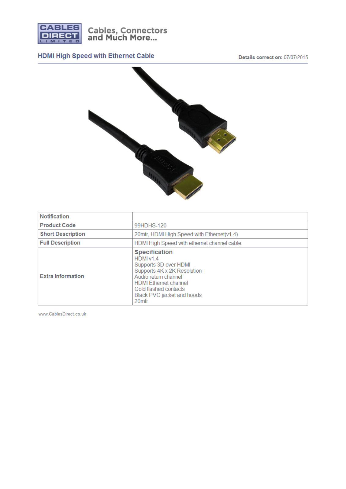 Cables Direct 99HDHS-120 Datasheet - ManualMachine.com