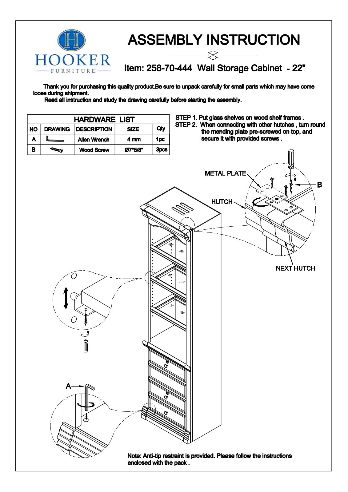 Hooker Furniture 25870444 Assembly Guide